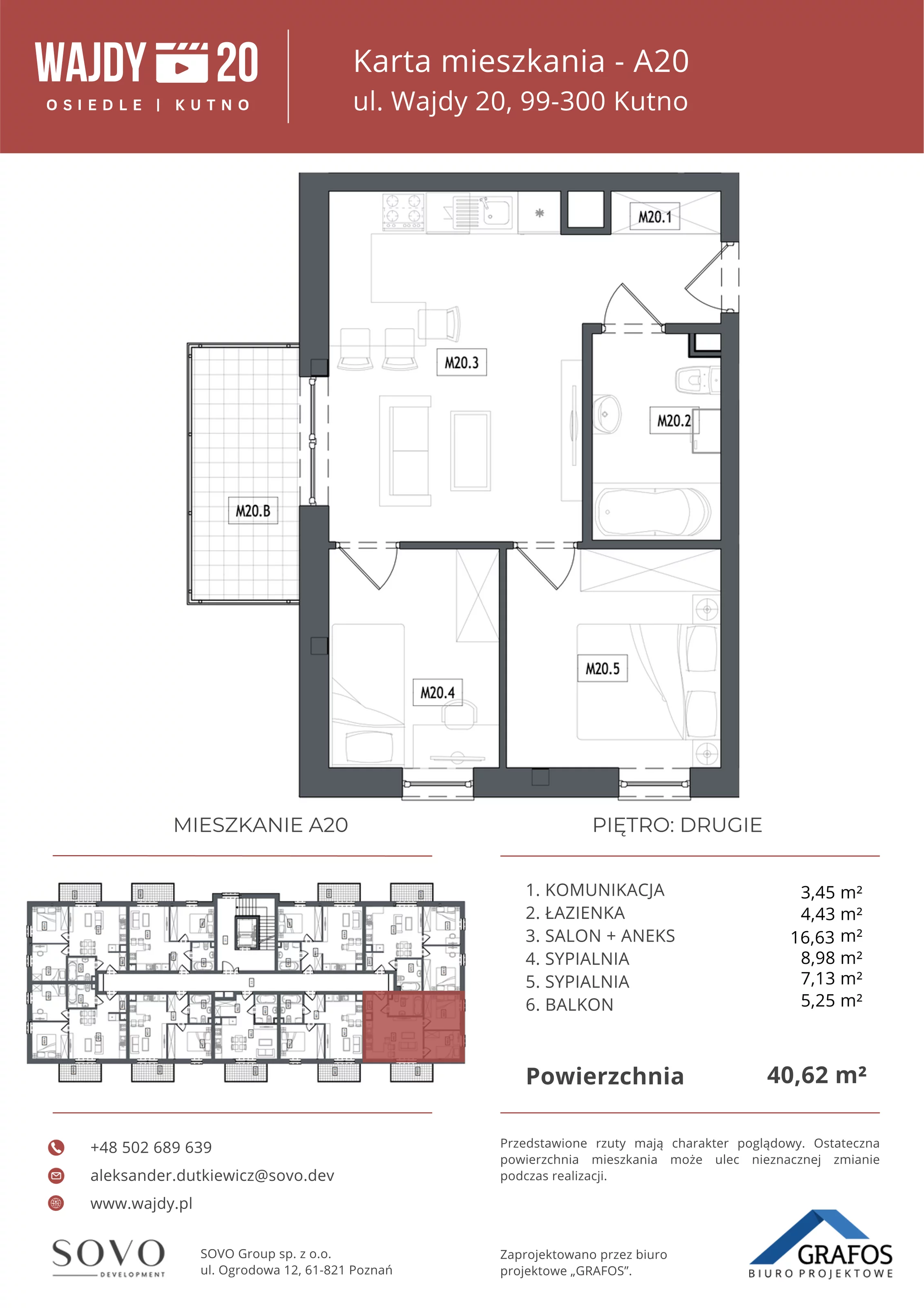 3 pokoje, mieszkanie 40,62 m², piętro 2, oferta nr A20, Osiedle Wajdy 20, Kutno, ul. Andrzeja Wajdy 20