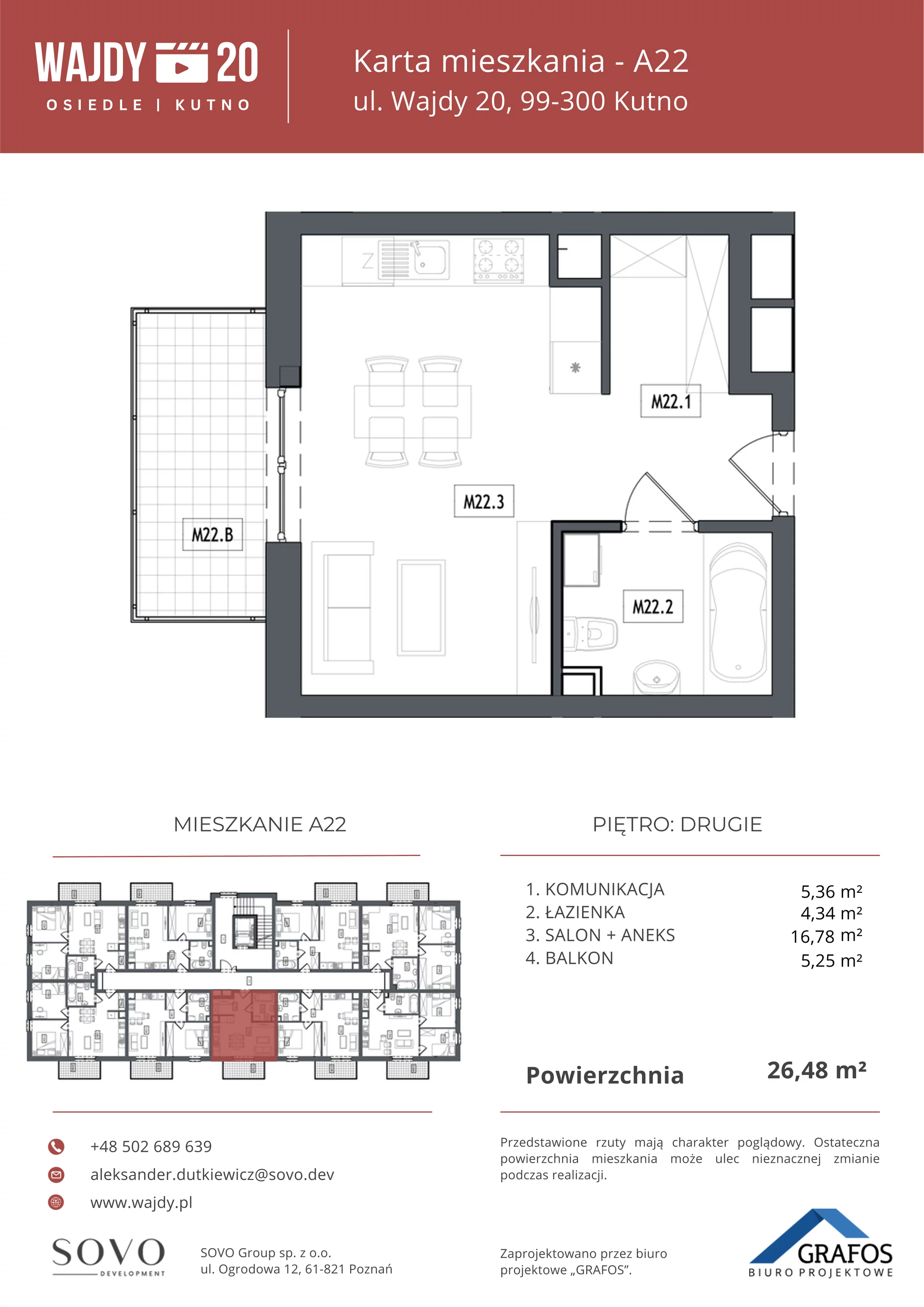 Mieszkanie 26,48 m², piętro 2, oferta nr A22, Osiedle Wajdy 20, Kutno, ul. Andrzeja Wajdy 20