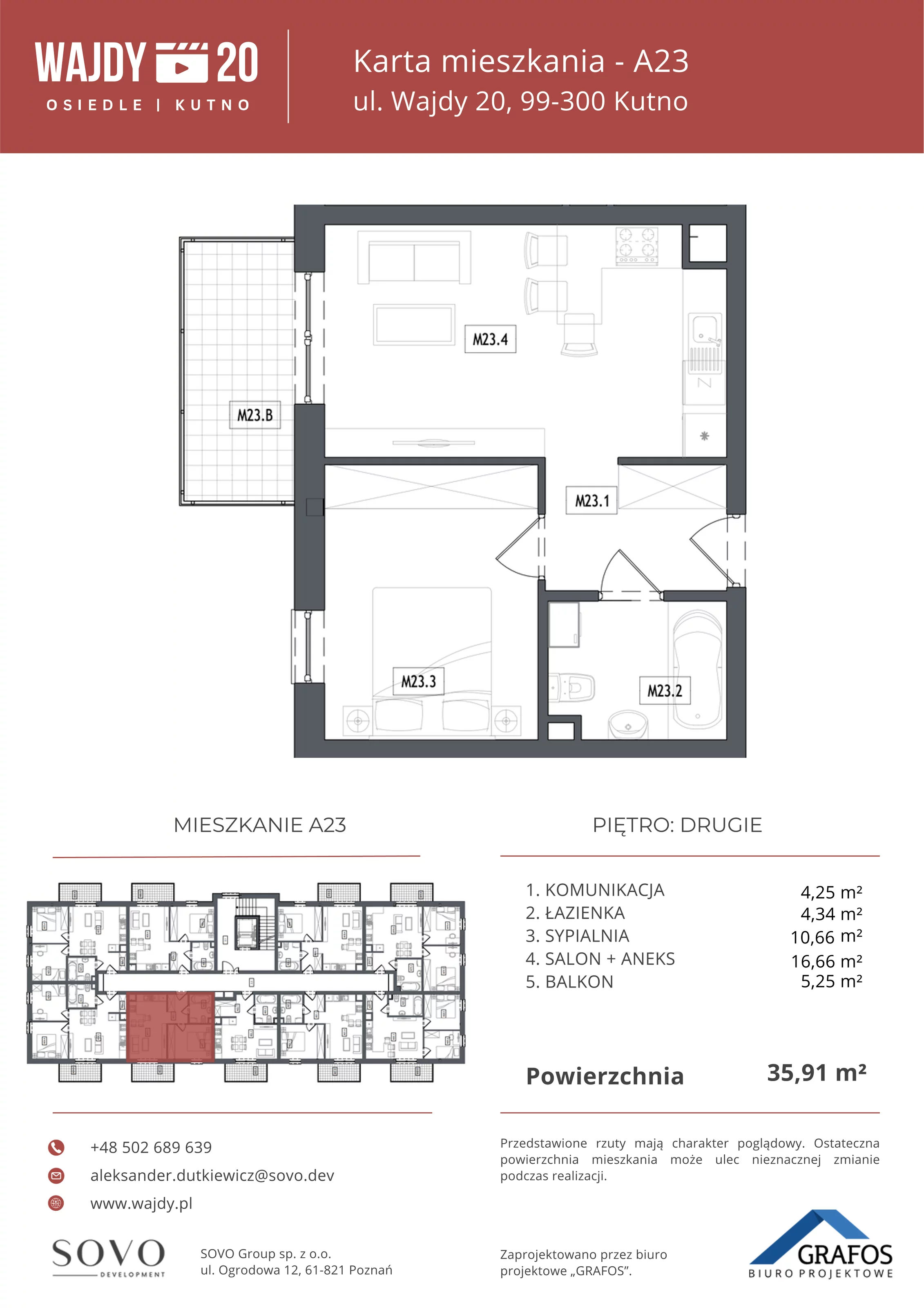 Mieszkanie 35,91 m², piętro 2, oferta nr A23, Osiedle Wajdy 20, Kutno, ul. Andrzeja Wajdy 20