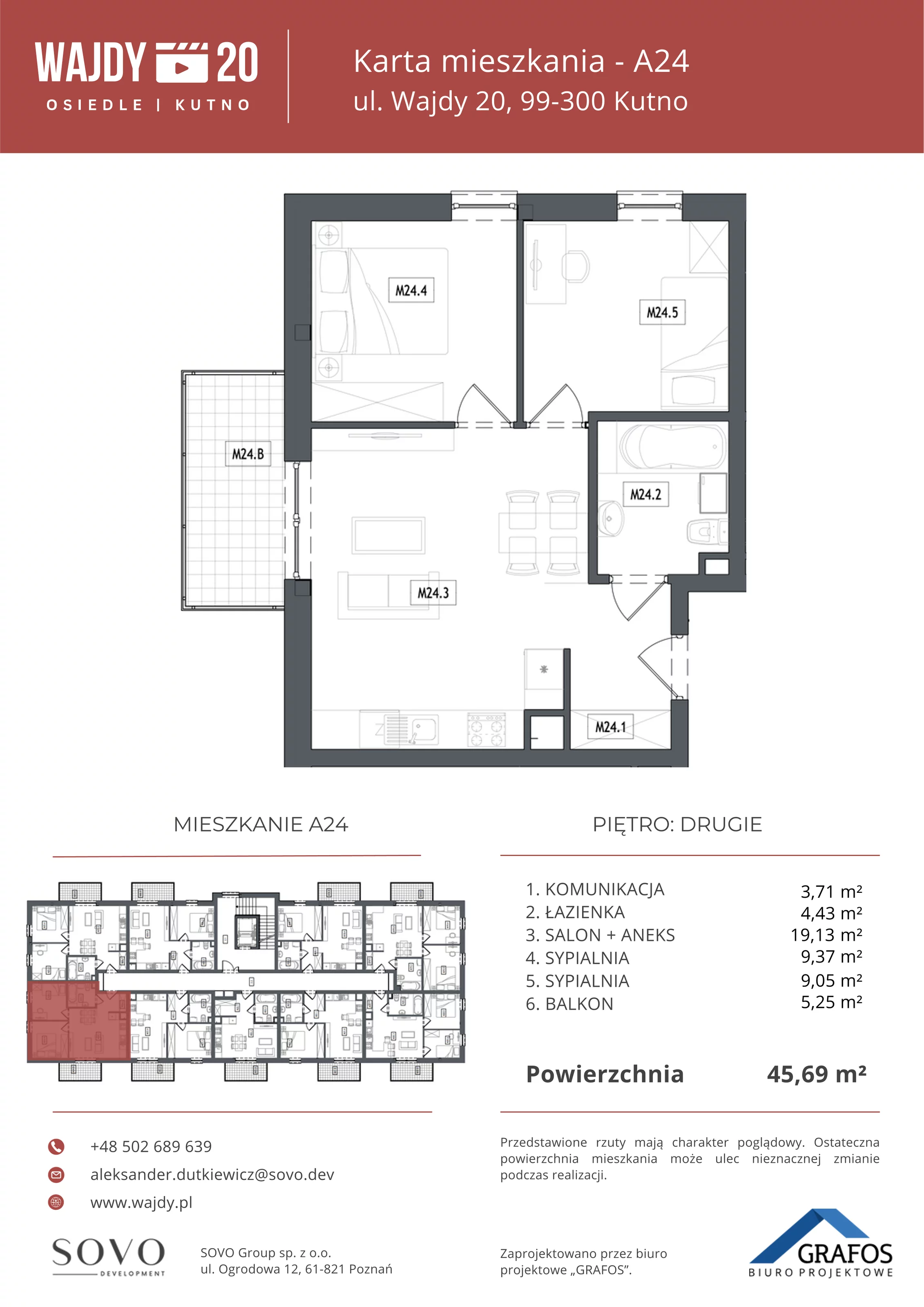 3 pokoje, mieszkanie 45,69 m², piętro 2, oferta nr A24, Osiedle Wajdy 20, Kutno, ul. Andrzeja Wajdy 20