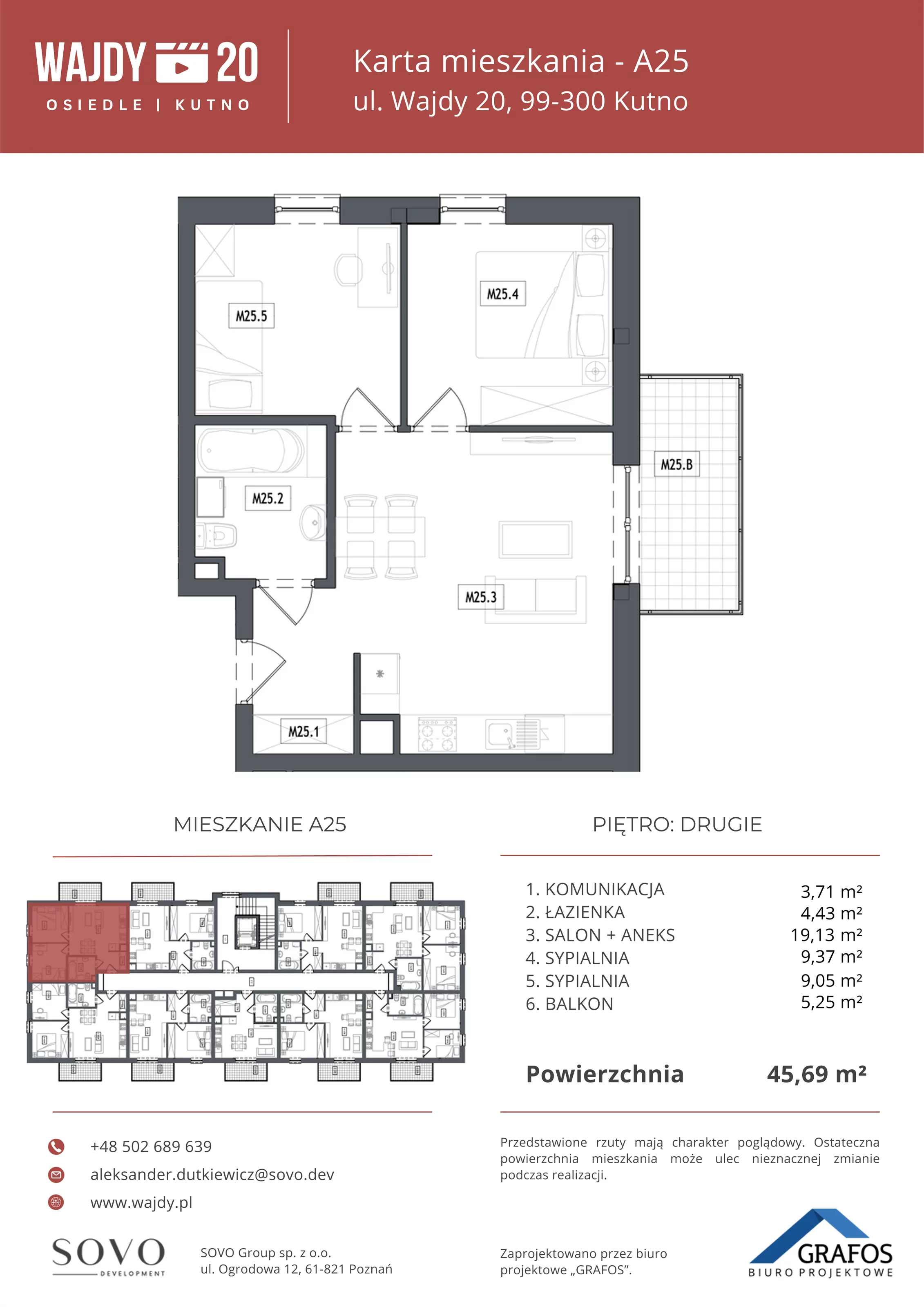 3 pokoje, mieszkanie 45,69 m², piętro 2, oferta nr A25, Osiedle Wajdy 20, Kutno, ul. Andrzeja Wajdy 20