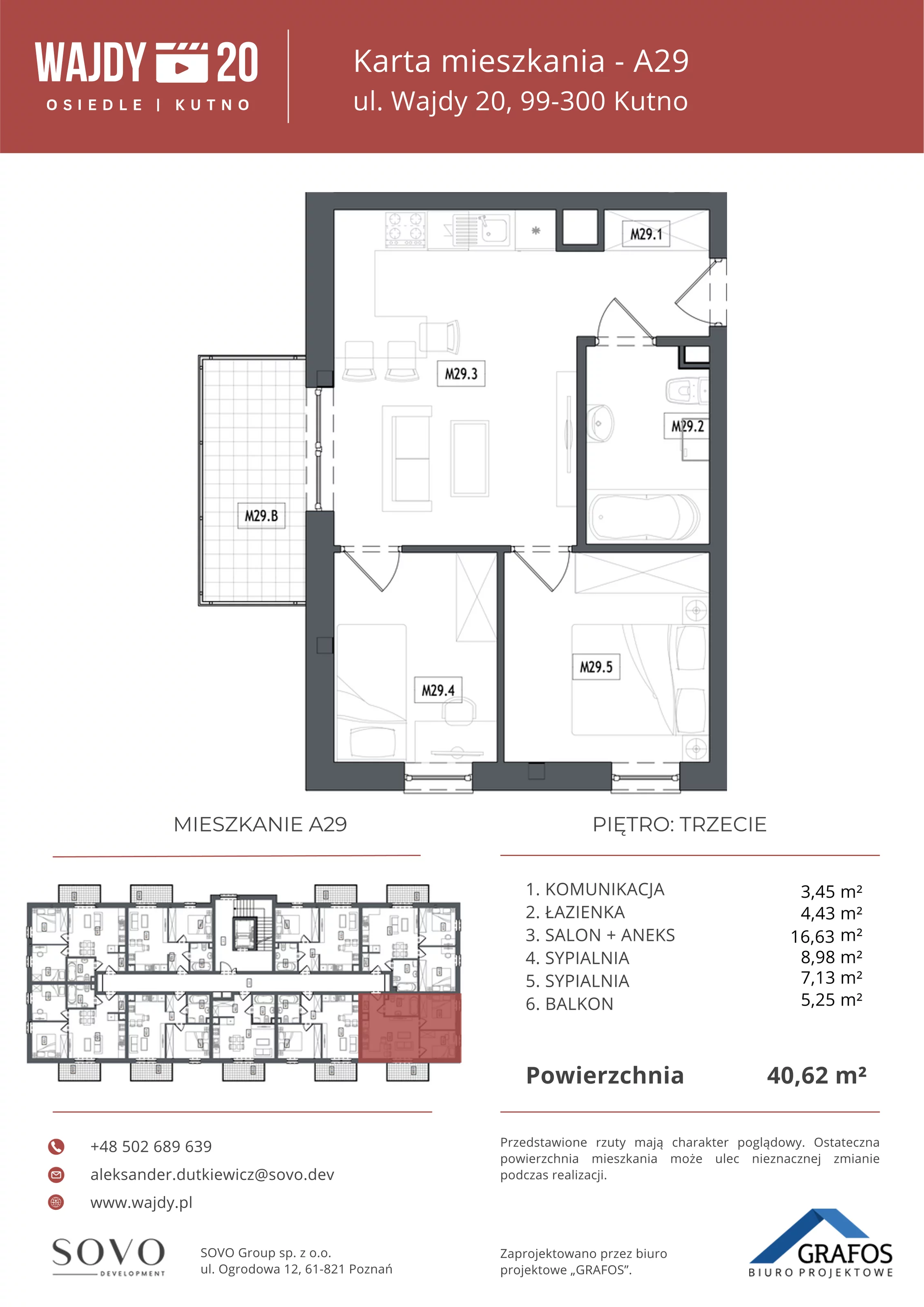 3 pokoje, mieszkanie 40,62 m², piętro 3, oferta nr A29, Osiedle Wajdy 20, Kutno, ul. Andrzeja Wajdy 20