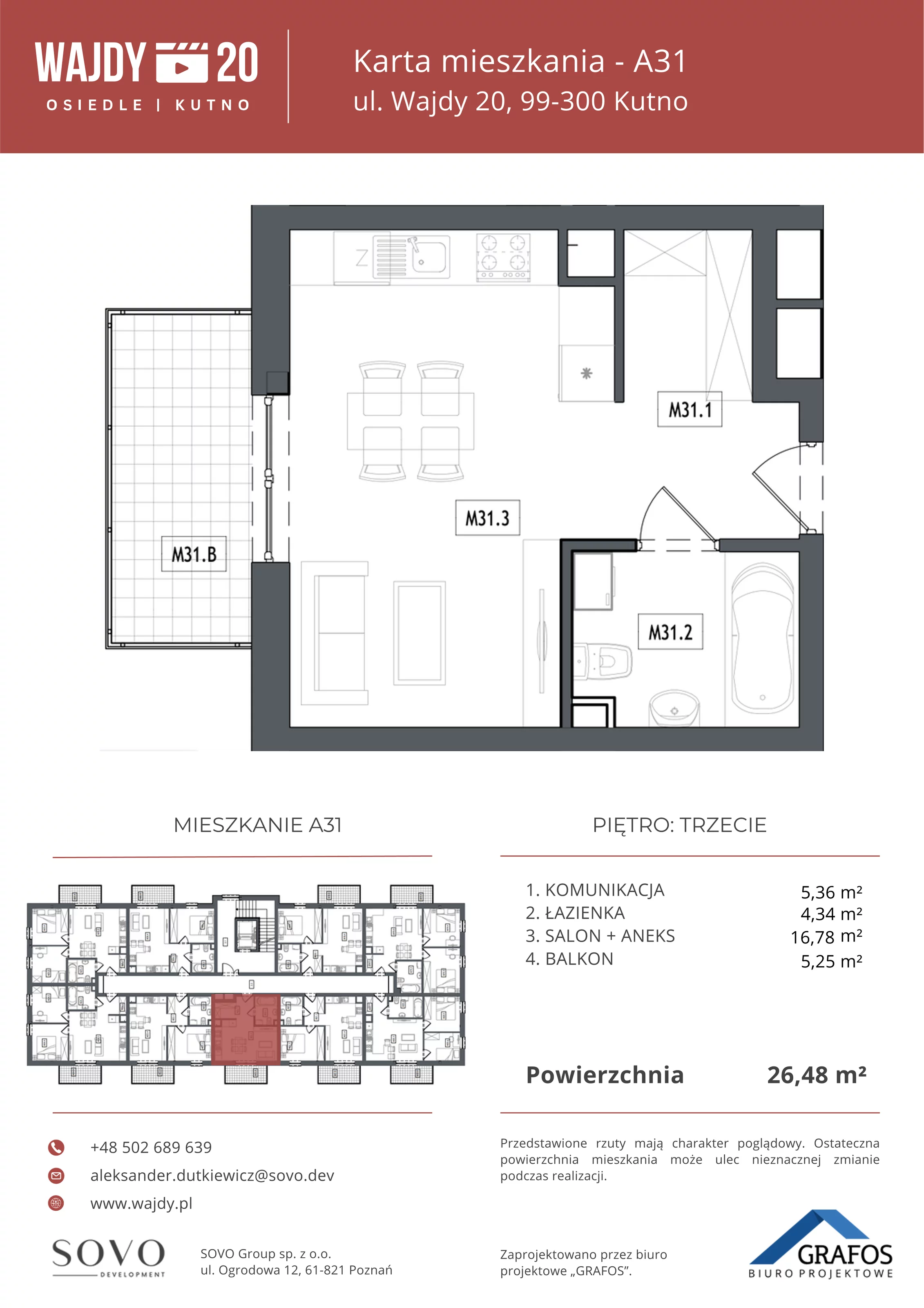 Mieszkanie 26,48 m², piętro 3, oferta nr A31, Osiedle Wajdy 20, Kutno, ul. Andrzeja Wajdy 20