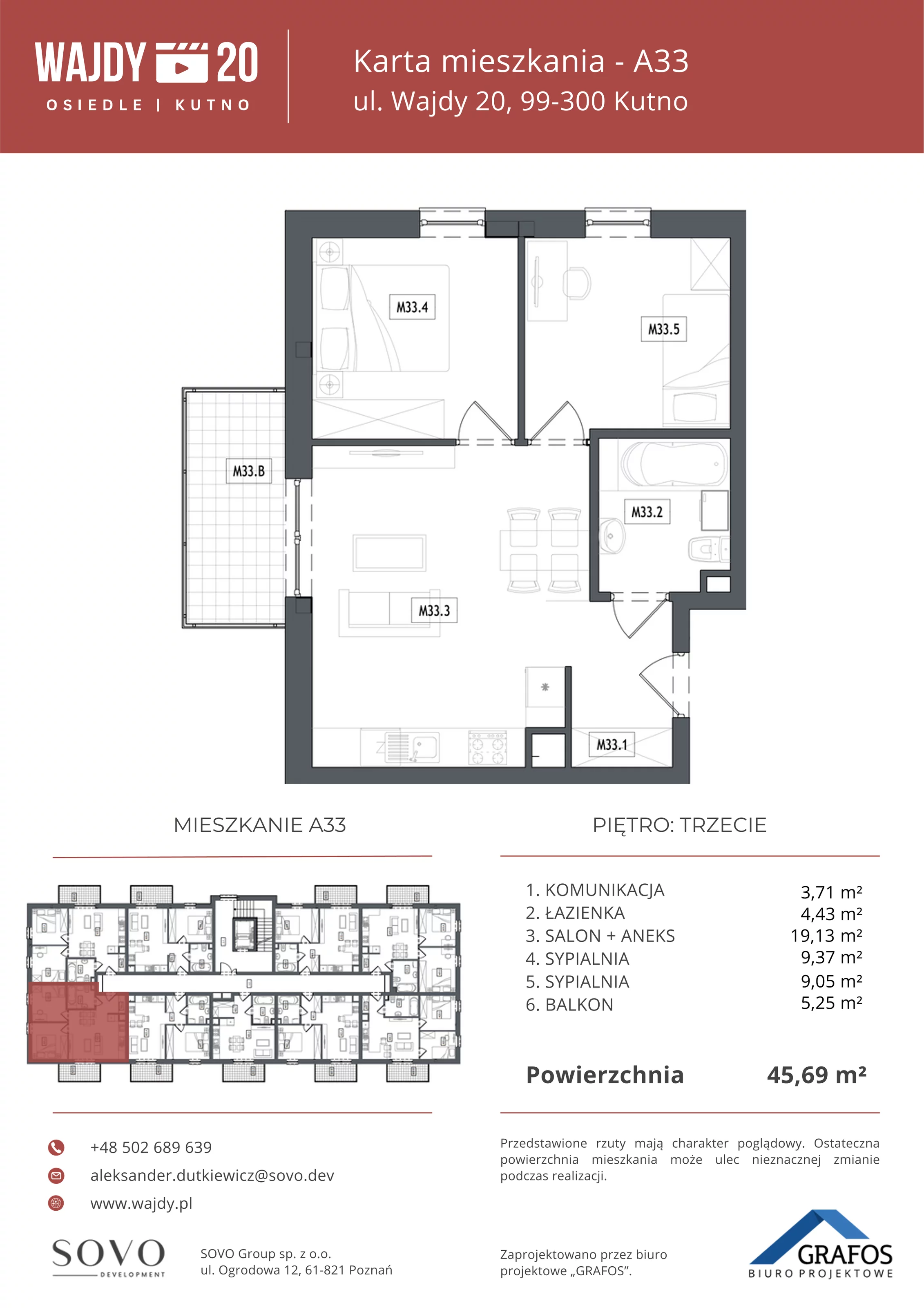 3 pokoje, mieszkanie 45,69 m², piętro 3, oferta nr A33, Osiedle Wajdy 20, Kutno, ul. Andrzeja Wajdy 20