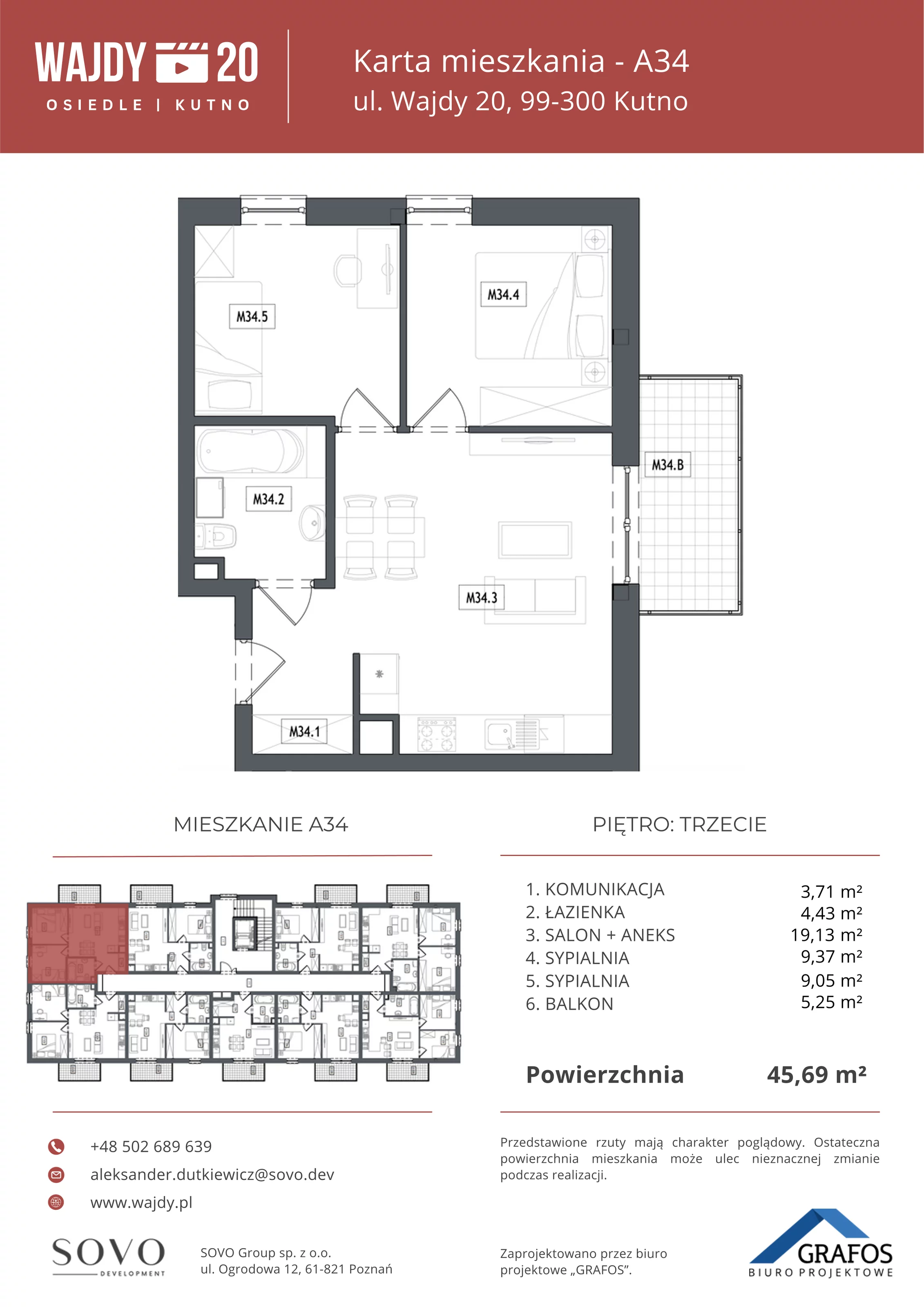 3 pokoje, mieszkanie 45,69 m², piętro 3, oferta nr A34, Osiedle Wajdy 20, Kutno, ul. Andrzeja Wajdy 20