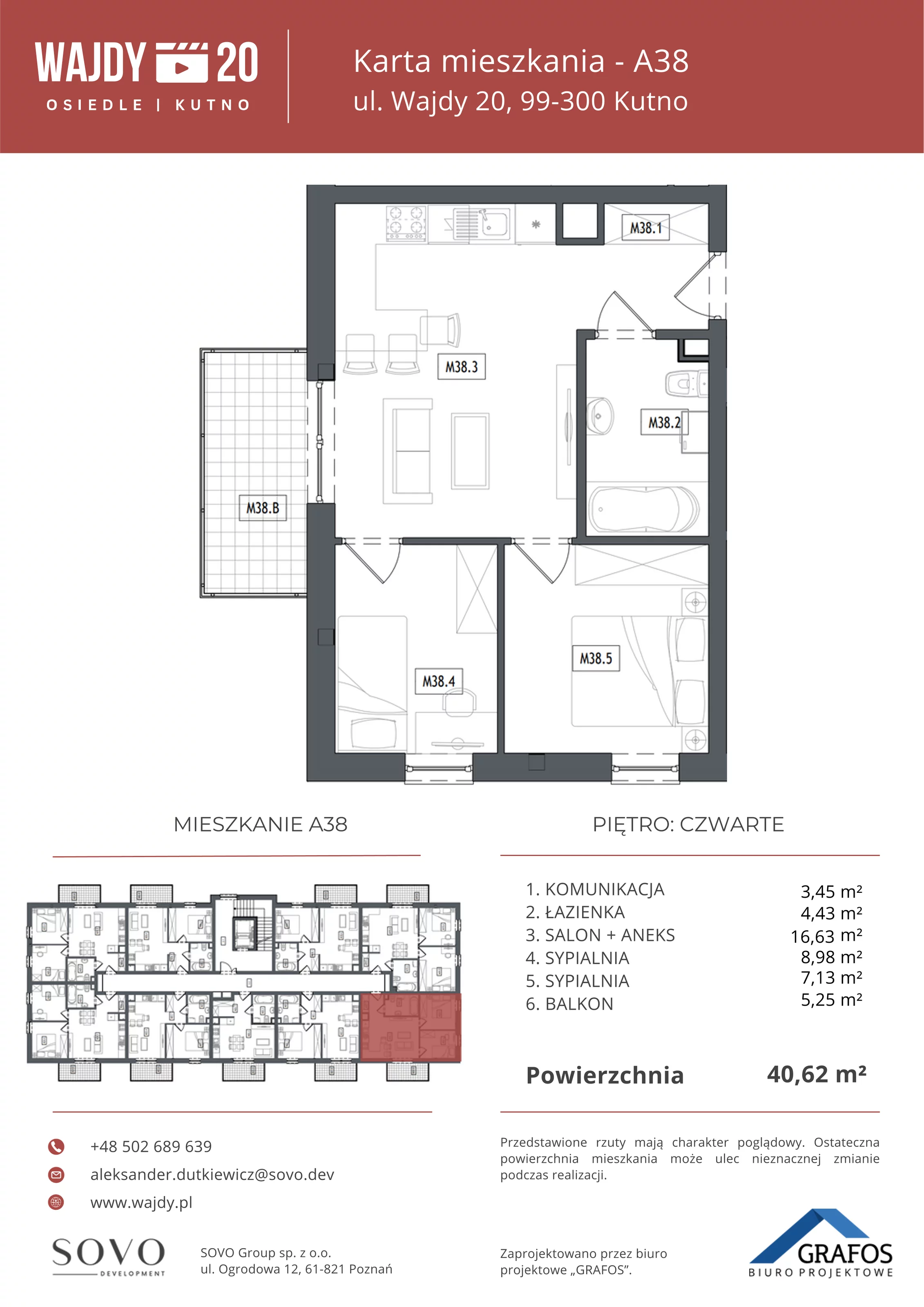 3 pokoje, mieszkanie 40,62 m², piętro 4, oferta nr A38, Osiedle Wajdy 20, Kutno, ul. Andrzeja Wajdy 20