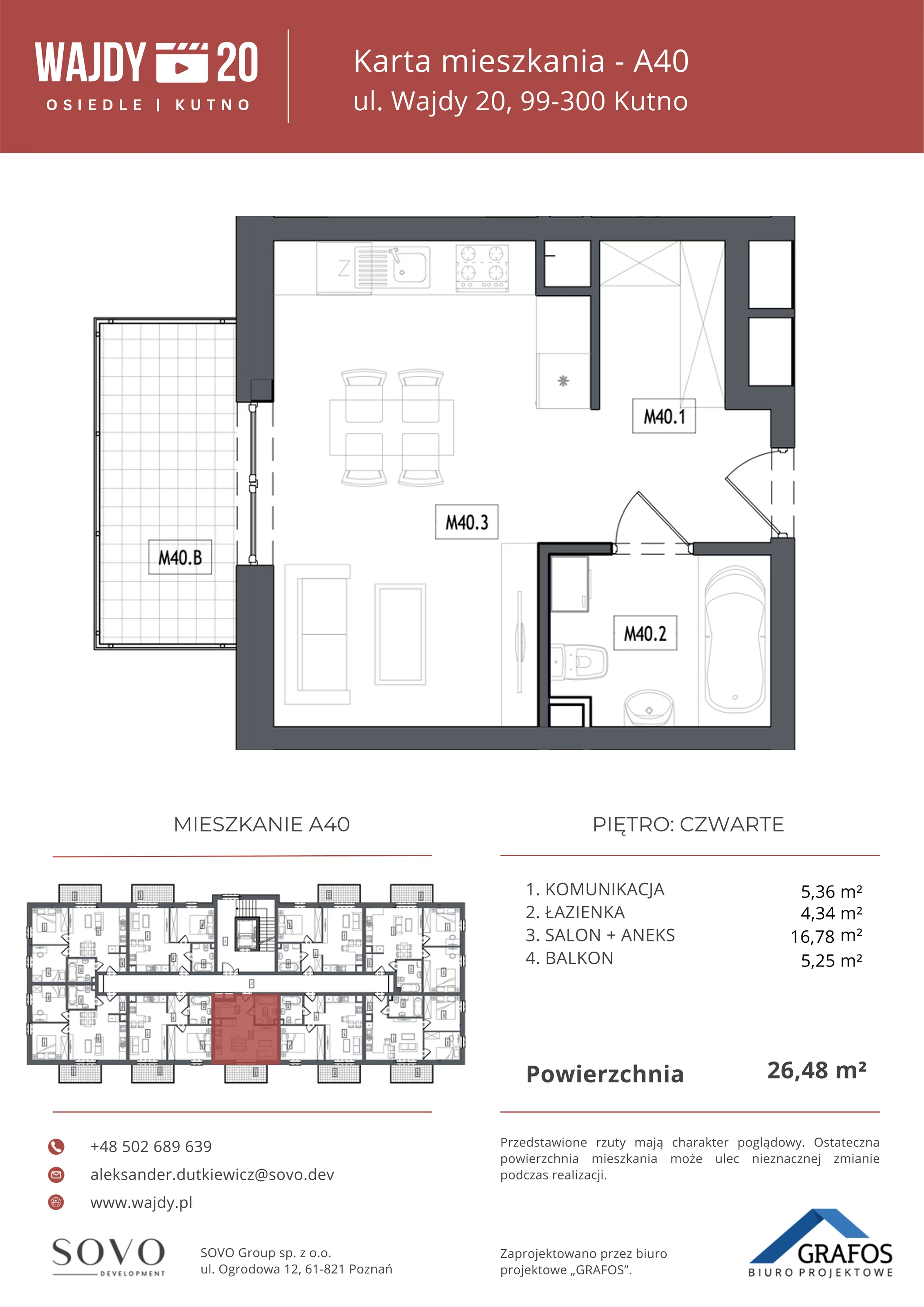 Mieszkanie 26,48 m², piętro 4, oferta nr A40, Osiedle Wajdy 20, Kutno, ul. Andrzeja Wajdy 20