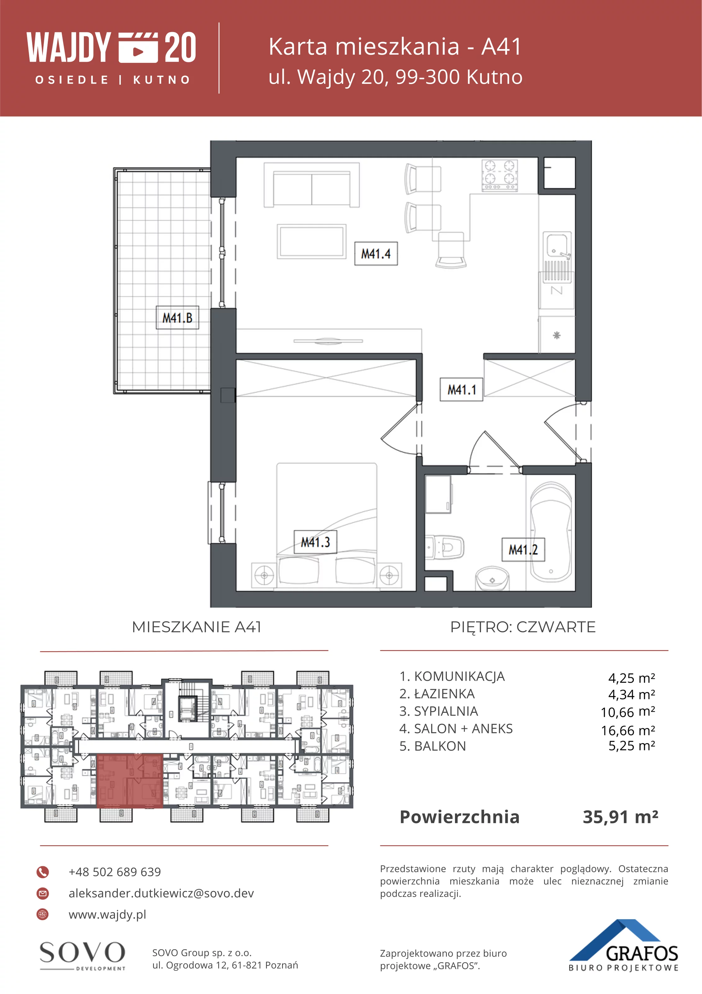 Mieszkanie 35,91 m², piętro 4, oferta nr A41, Osiedle Wajdy 20, Kutno, ul. Andrzeja Wajdy 20