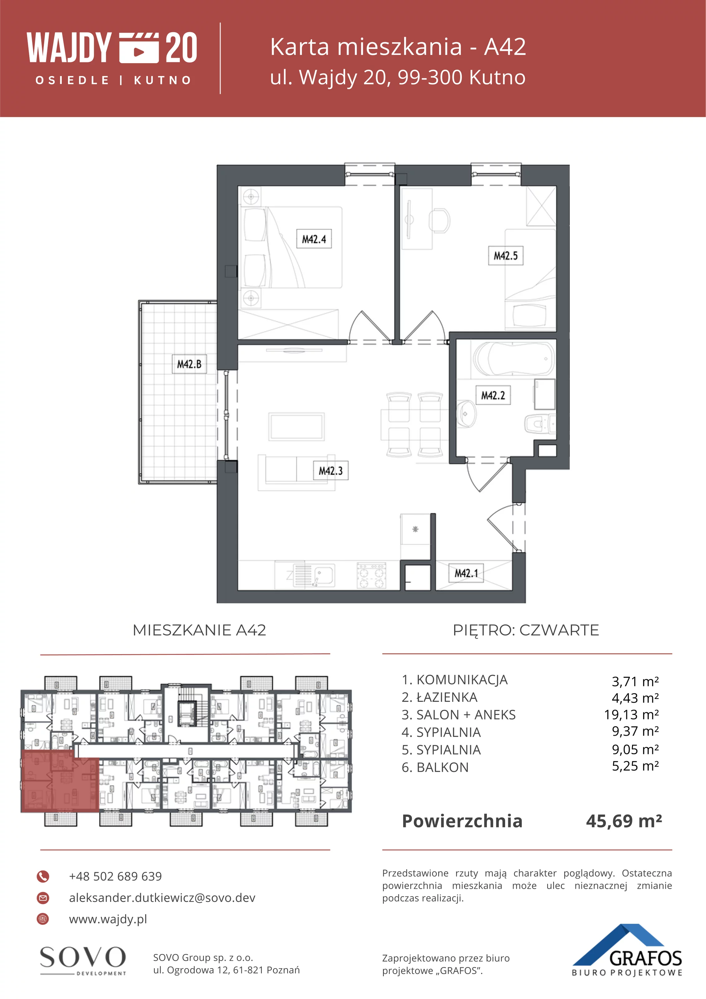 3 pokoje, mieszkanie 45,69 m², piętro 4, oferta nr A42, Osiedle Wajdy 20, Kutno, ul. Andrzeja Wajdy 20