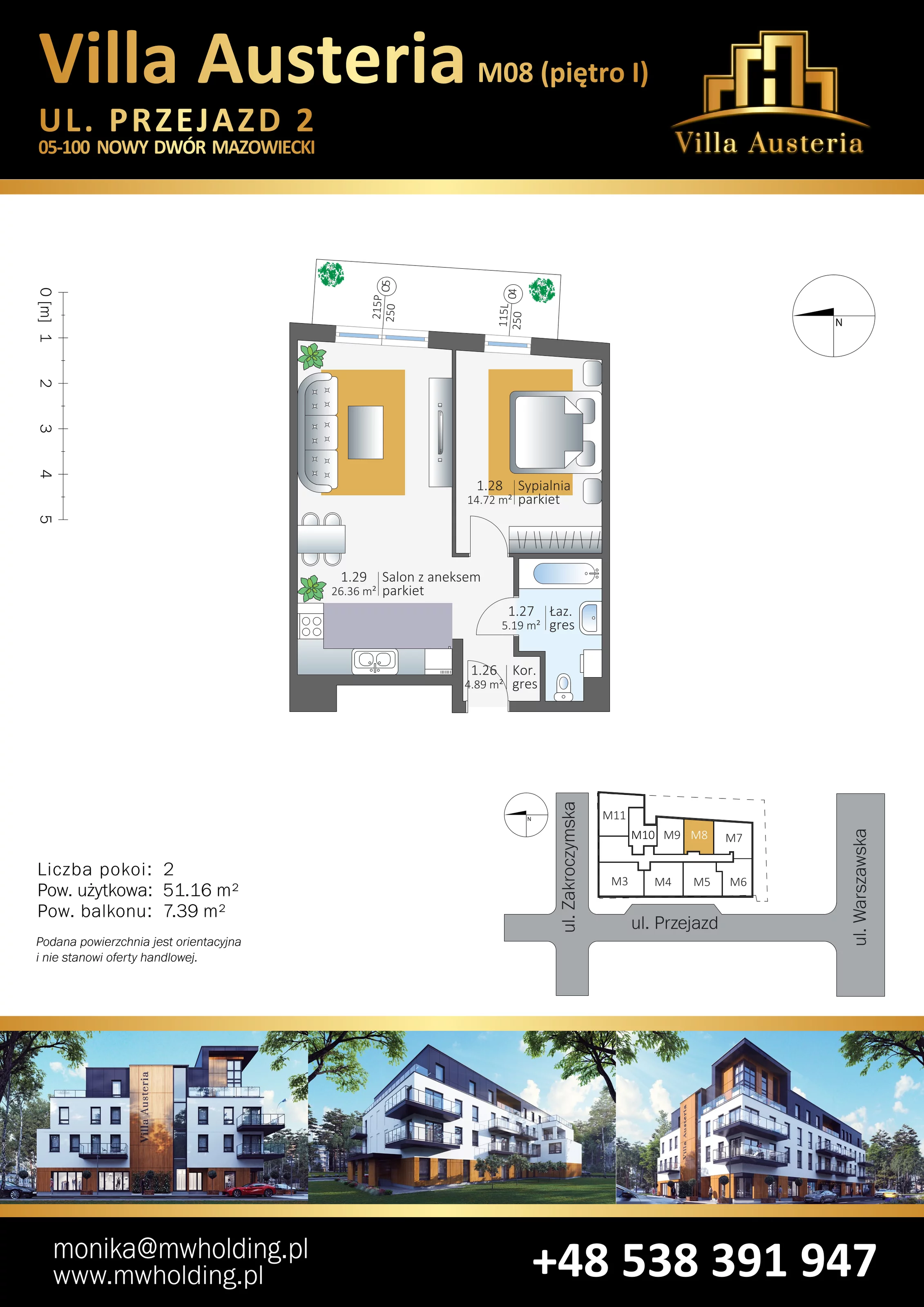 Mieszkanie 51,16 m², piętro 1, oferta nr M08, Villa Austeria, Nowy Dwór Mazowiecki, Kępa Nowodworska, Kępa Nowodworska, ul. Przejazd 2