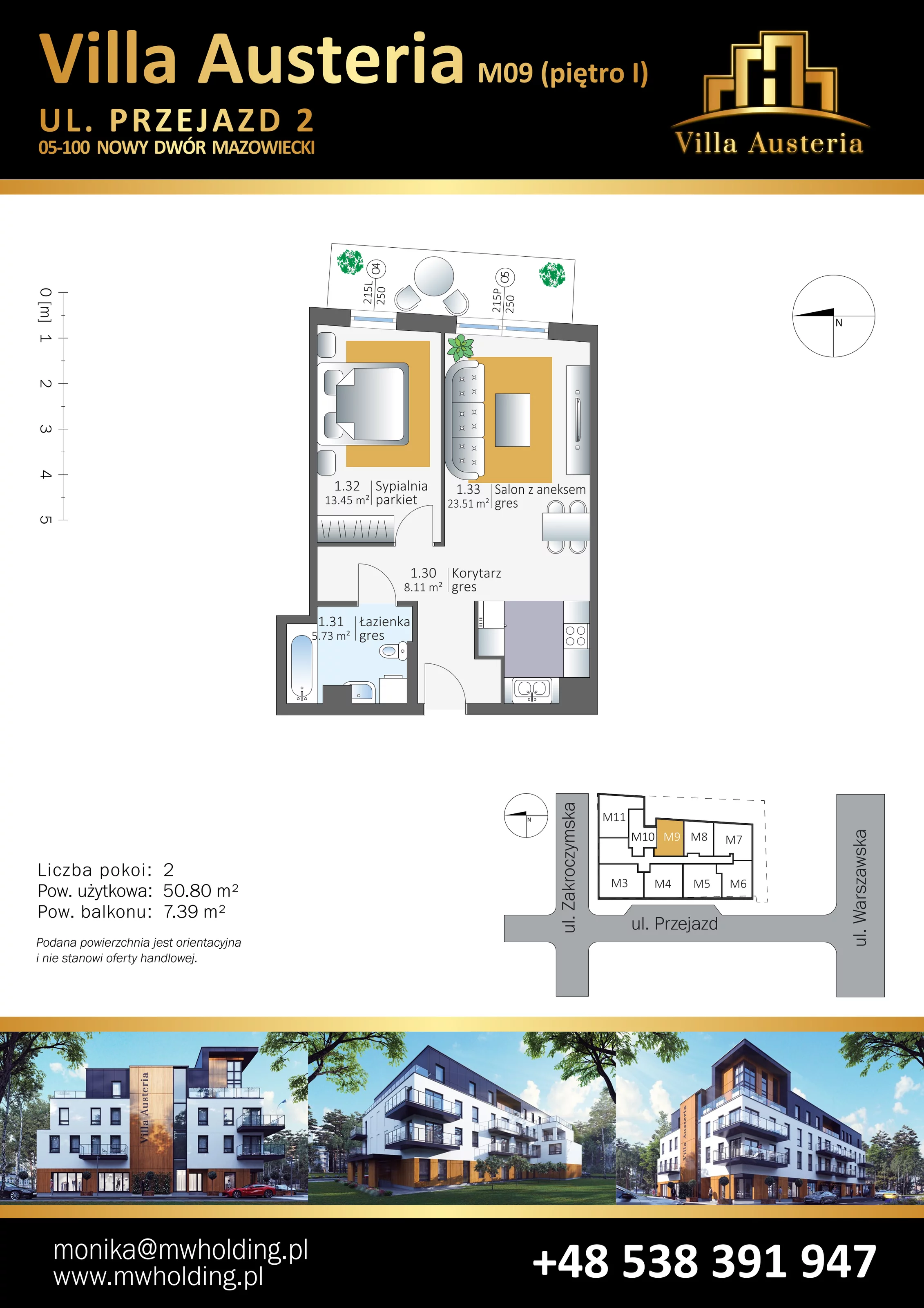 Mieszkanie 50,80 m², piętro 1, oferta nr M09, Villa Austeria, Nowy Dwór Mazowiecki, Kępa Nowodworska, Kępa Nowodworska, ul. Przejazd 2