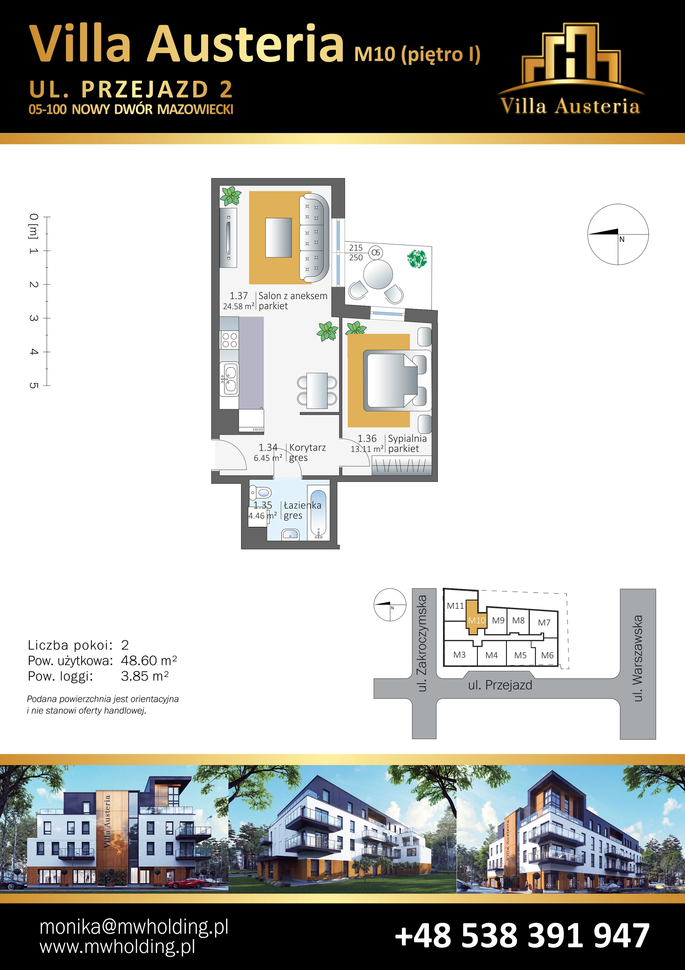 Mieszkanie 48,60 m², piętro 1, oferta nr M10, Villa Austeria, Nowy Dwór Mazowiecki, Kępa Nowodworska, Kępa Nowodworska, ul. Przejazd 2