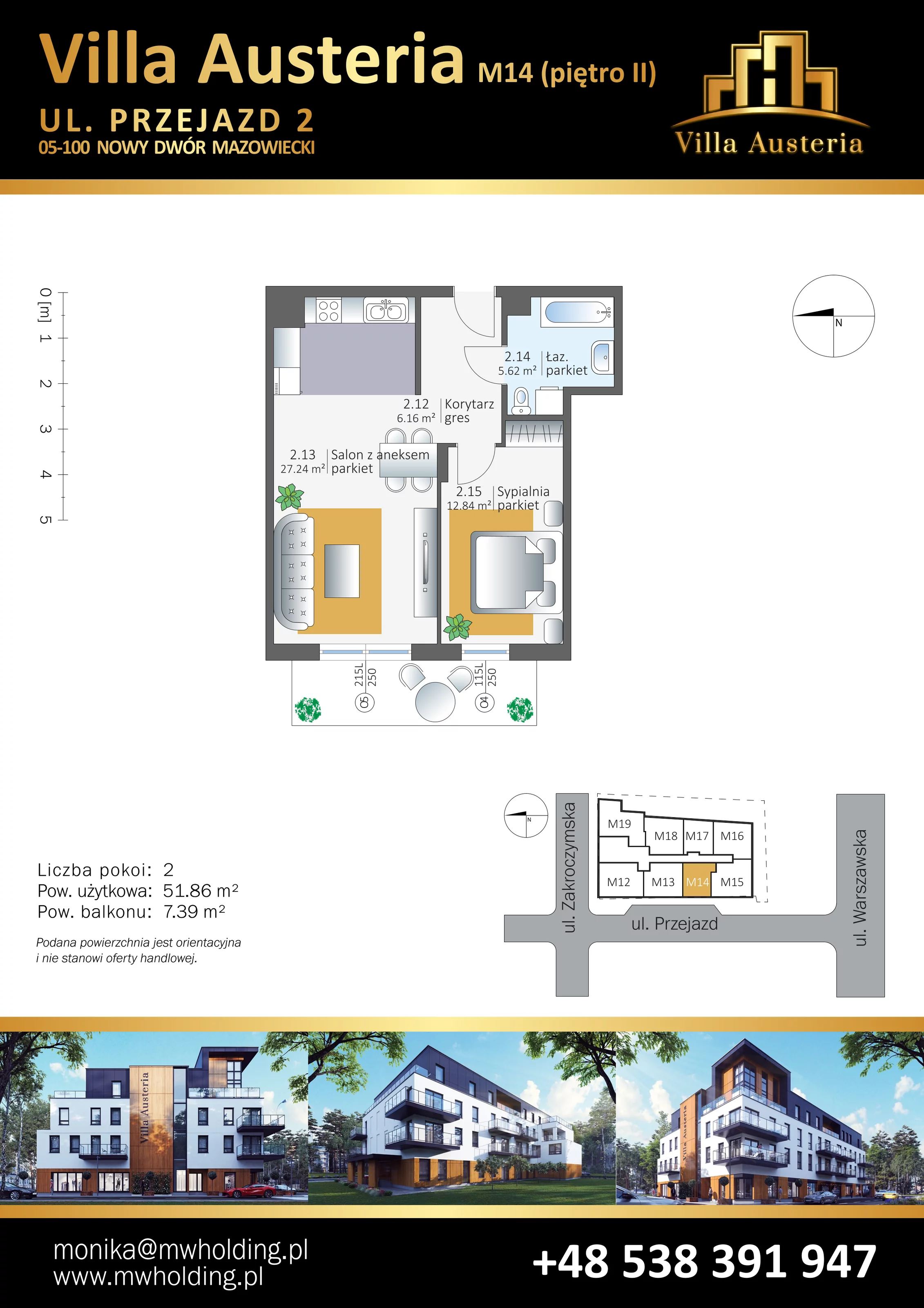 Mieszkanie 51,86 m², piętro 2, oferta nr M14, Villa Austeria, Nowy Dwór Mazowiecki, Kępa Nowodworska, Kępa Nowodworska, ul. Przejazd 2