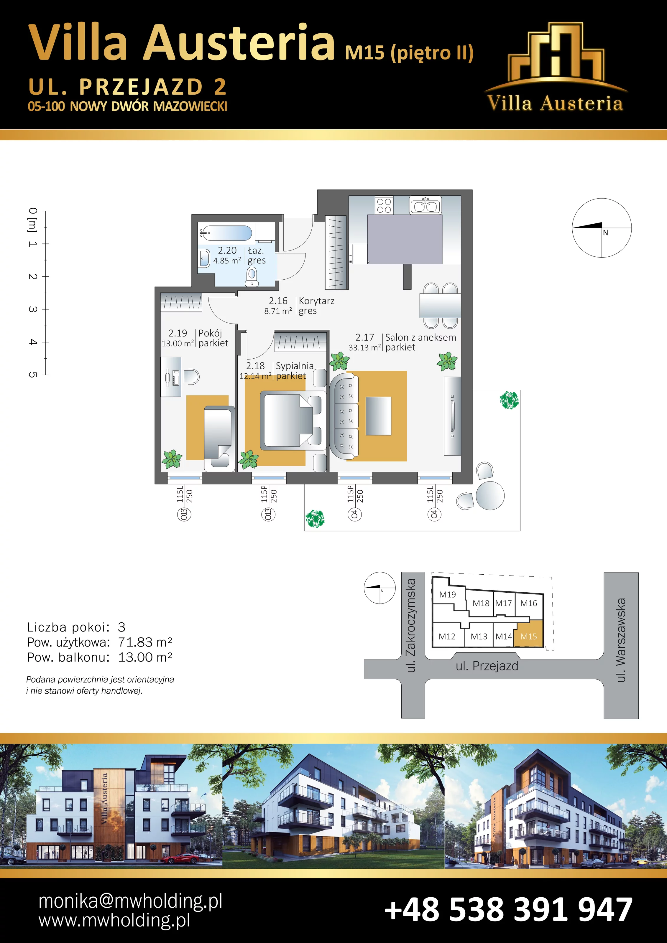 Mieszkanie 71,83 m², piętro 2, oferta nr M15, Villa Austeria, Nowy Dwór Mazowiecki, Kępa Nowodworska, Kępa Nowodworska, ul. Przejazd 2