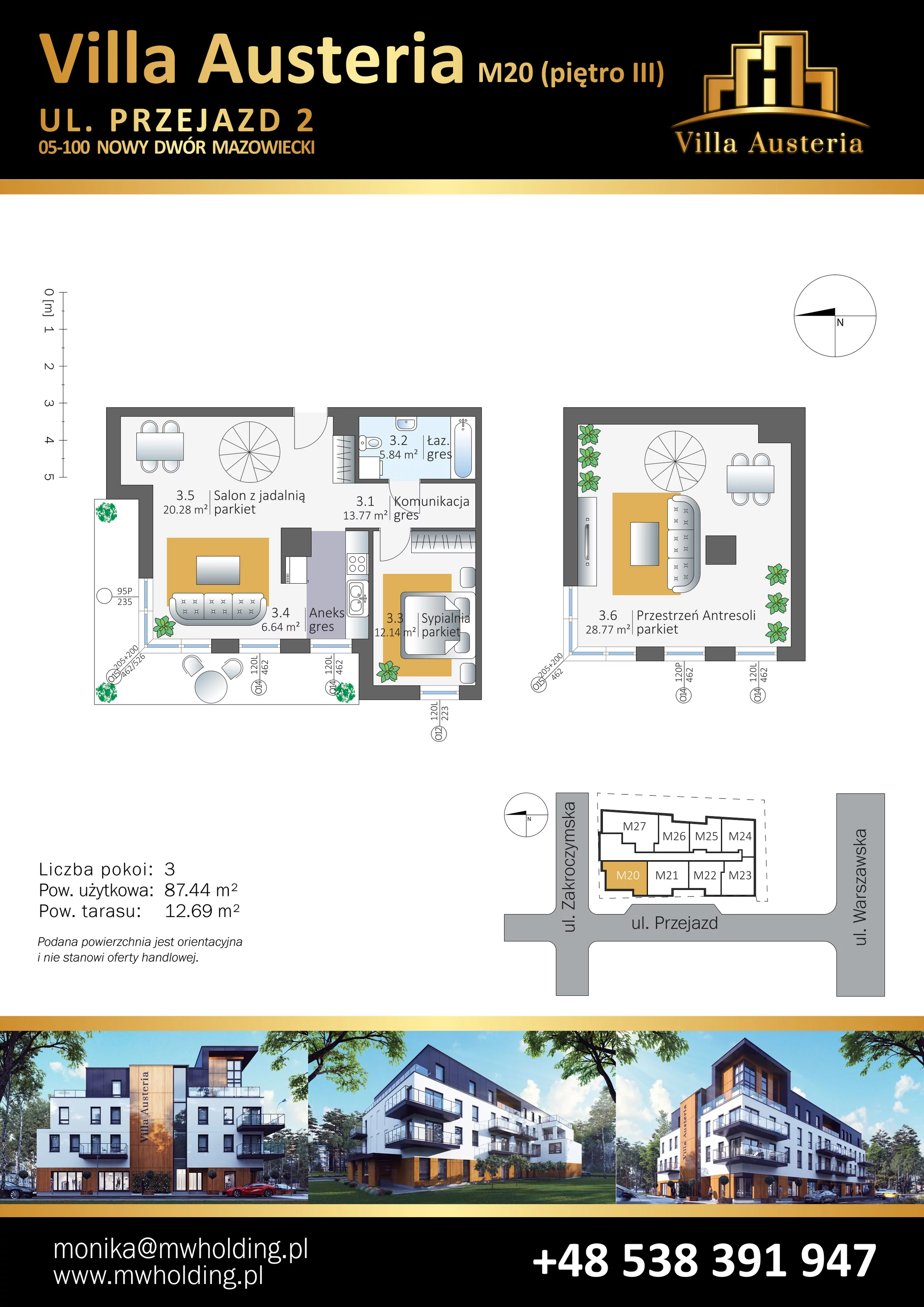 Mieszkanie 87,44 m², piętro 3, oferta nr M20, Villa Austeria, Nowy Dwór Mazowiecki, Kępa Nowodworska, Kępa Nowodworska, ul. Przejazd 2