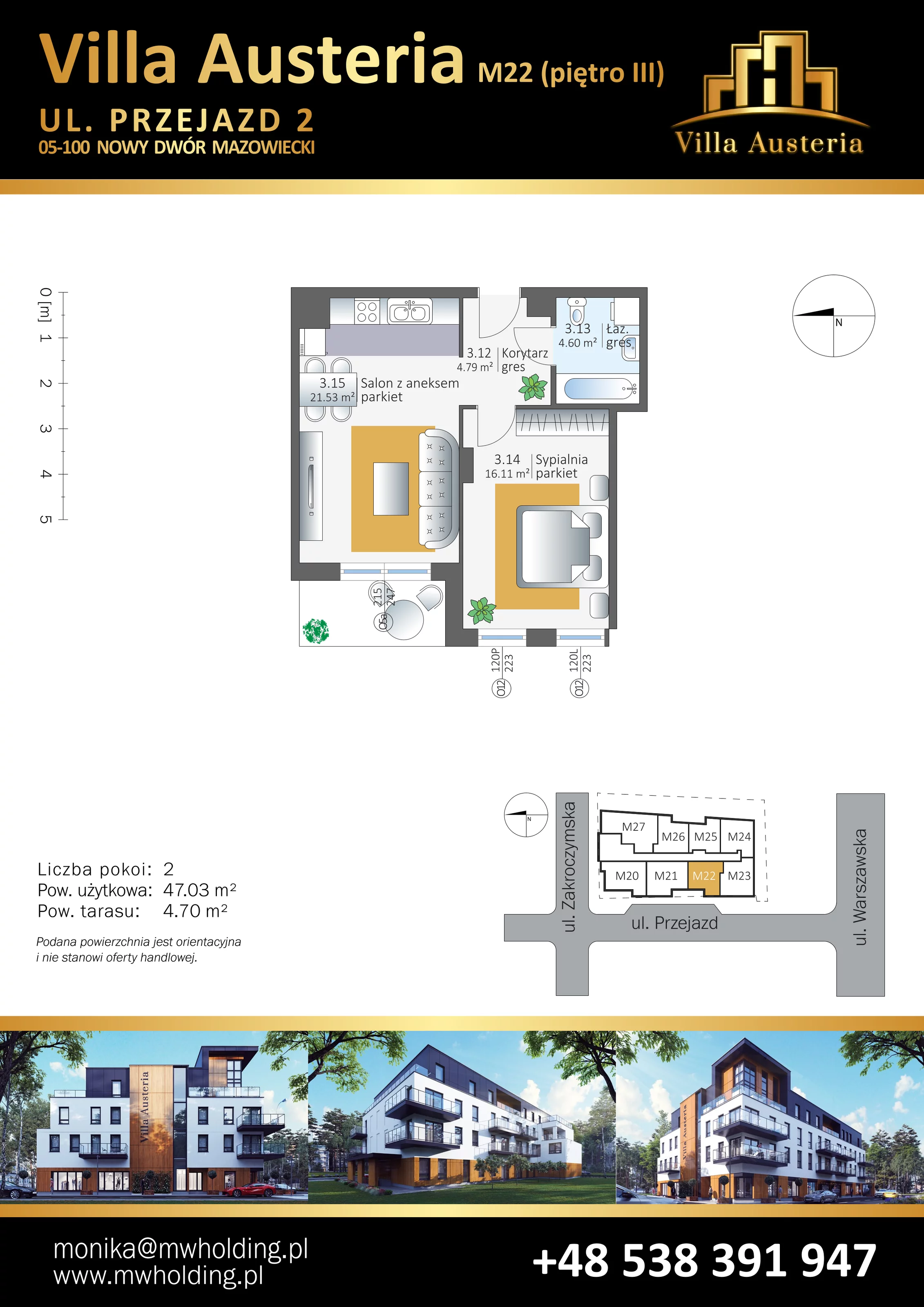 Mieszkanie 47,03 m², piętro 3, oferta nr M22, Villa Austeria, Nowy Dwór Mazowiecki, Kępa Nowodworska, Kępa Nowodworska, ul. Przejazd 2