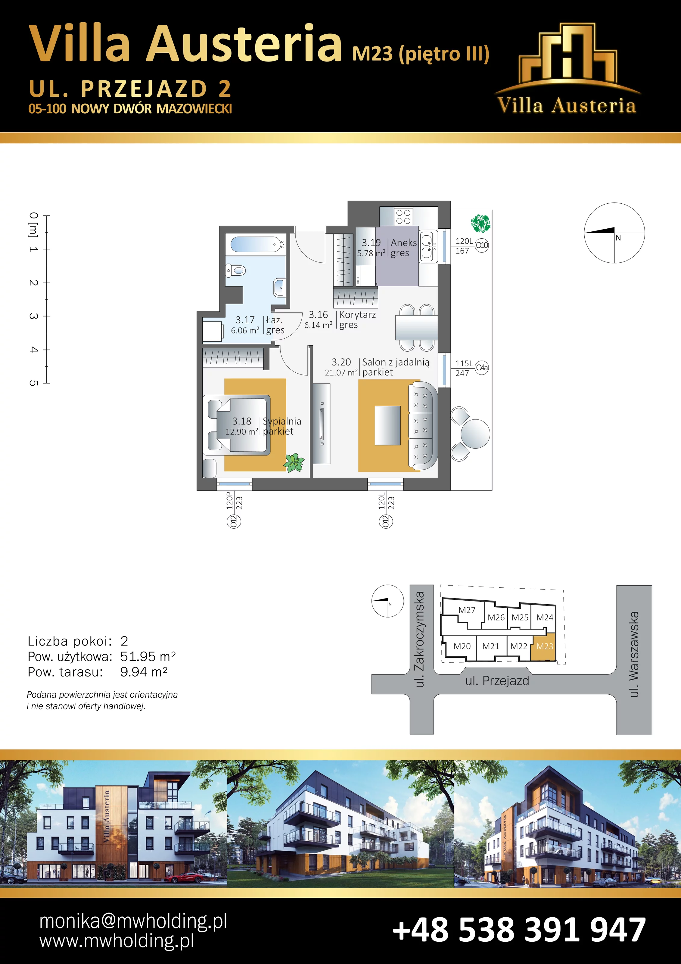 Mieszkanie 51,95 m², piętro 3, oferta nr M23, Villa Austeria, Nowy Dwór Mazowiecki, Kępa Nowodworska, Kępa Nowodworska, ul. Przejazd 2