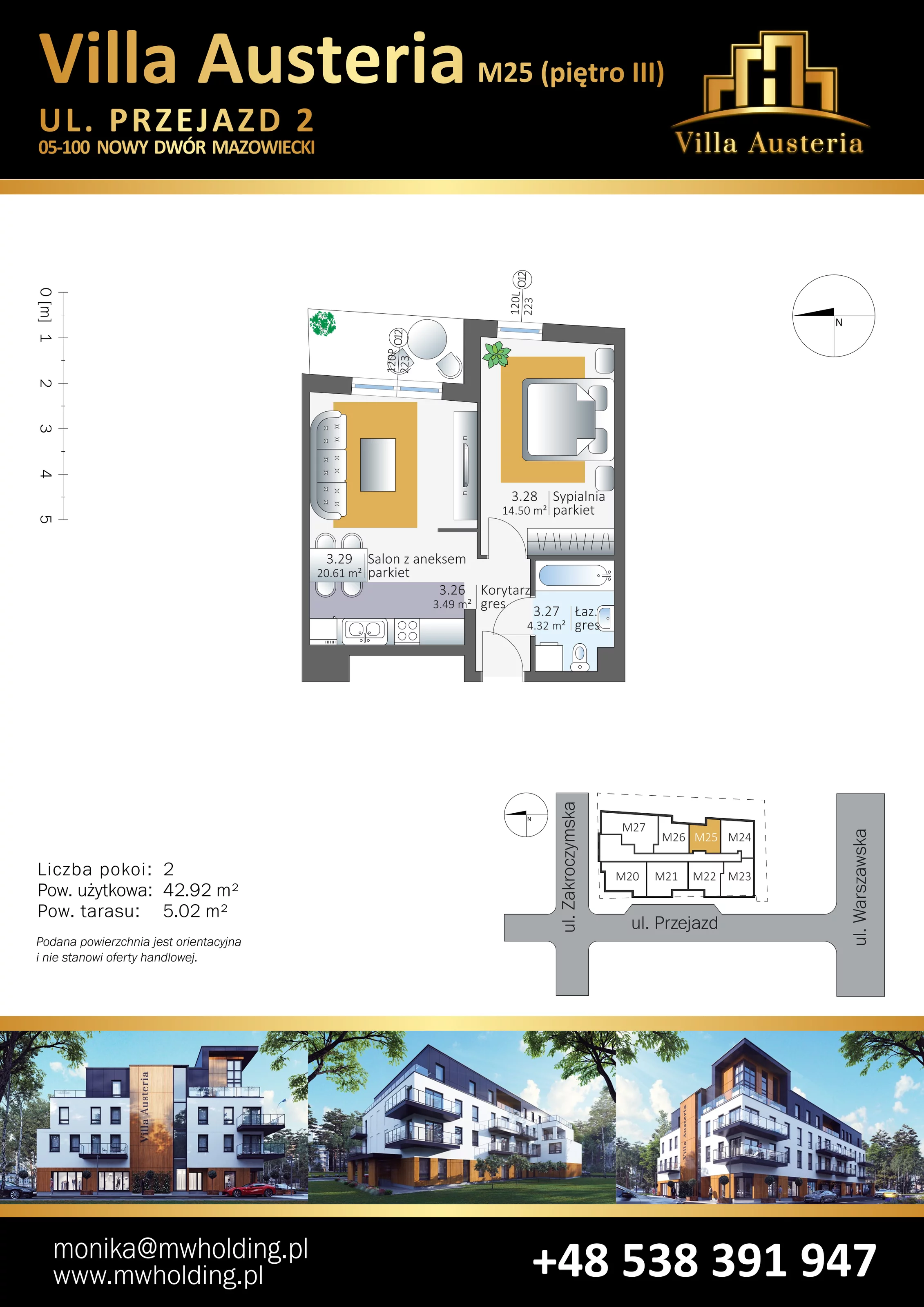 Mieszkanie 42,92 m², piętro 3, oferta nr M25, Villa Austeria, Nowy Dwór Mazowiecki, Kępa Nowodworska, Kępa Nowodworska, ul. Przejazd 2