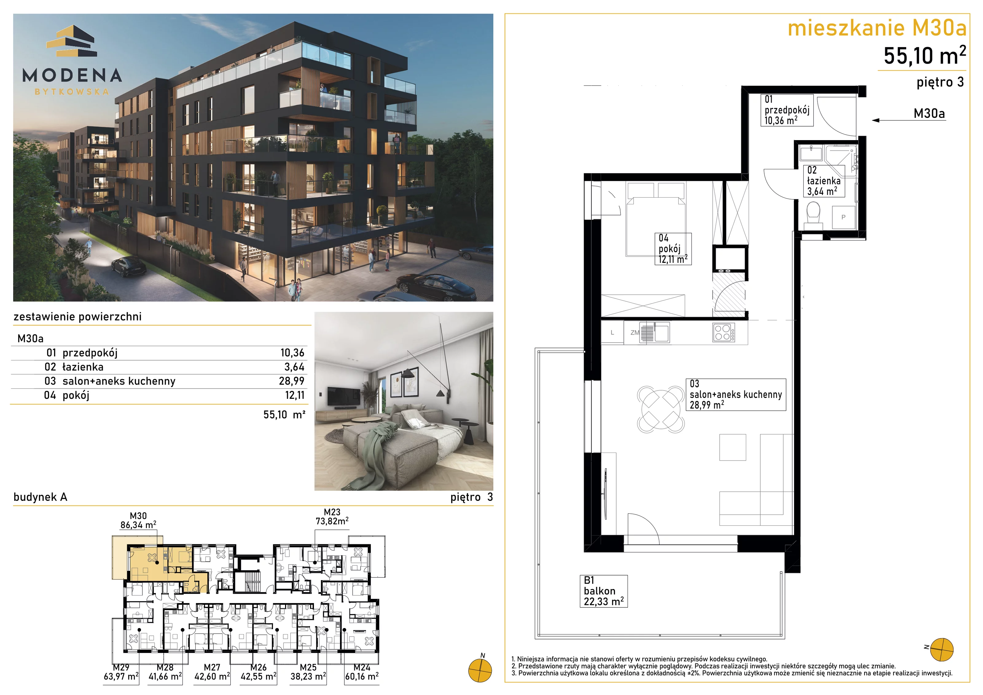 2 pokoje, mieszkanie 55,10 m², piętro 3, oferta nr A30a, Bytkowska 113, Katowice, Wełnowiec-Józefowiec, ul. Bytkowska 113