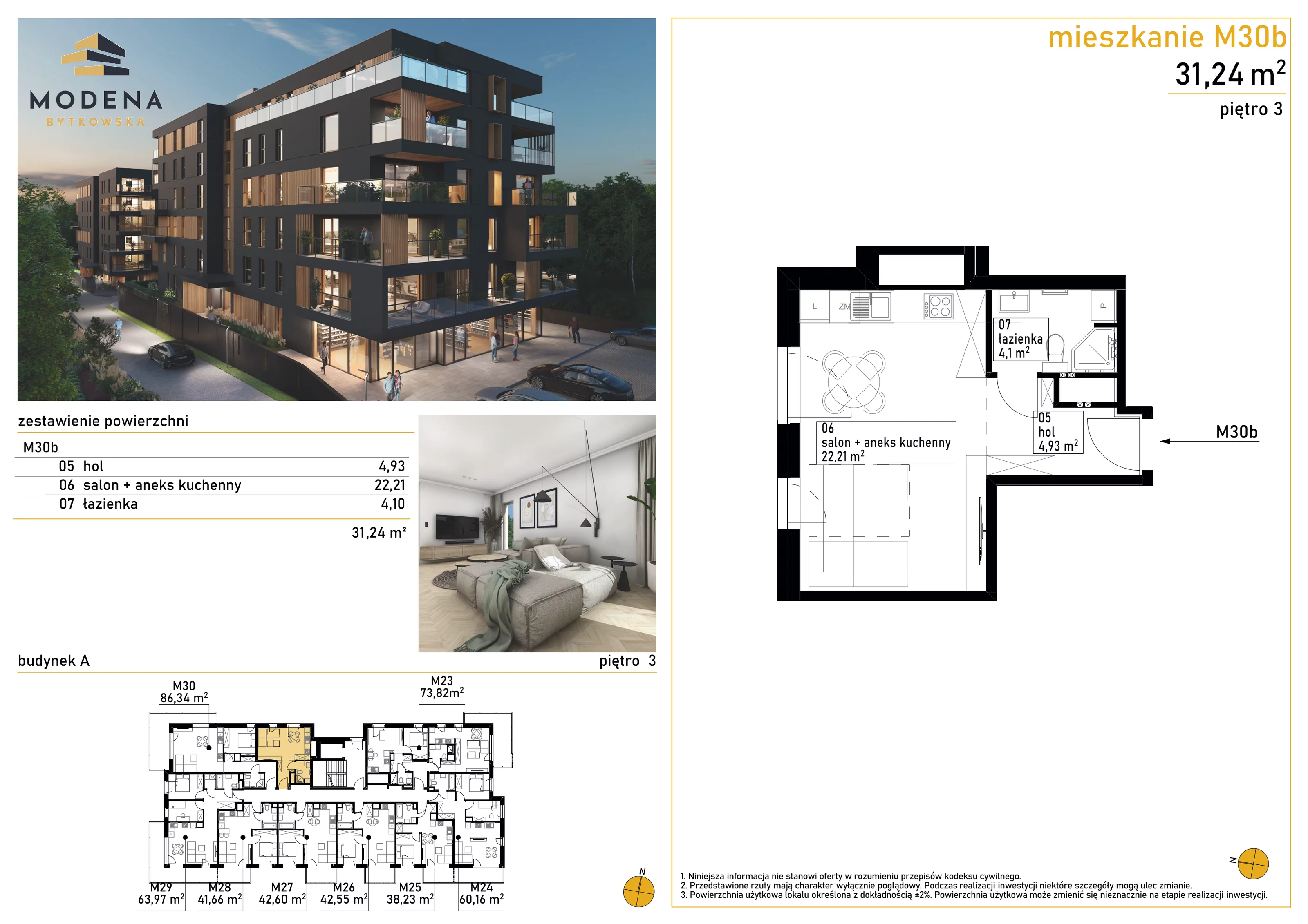 1 pokój, mieszkanie 31,24 m², piętro 3, oferta nr A30b, Bytkowska 113, Katowice, Wełnowiec-Józefowiec, ul. Bytkowska 113