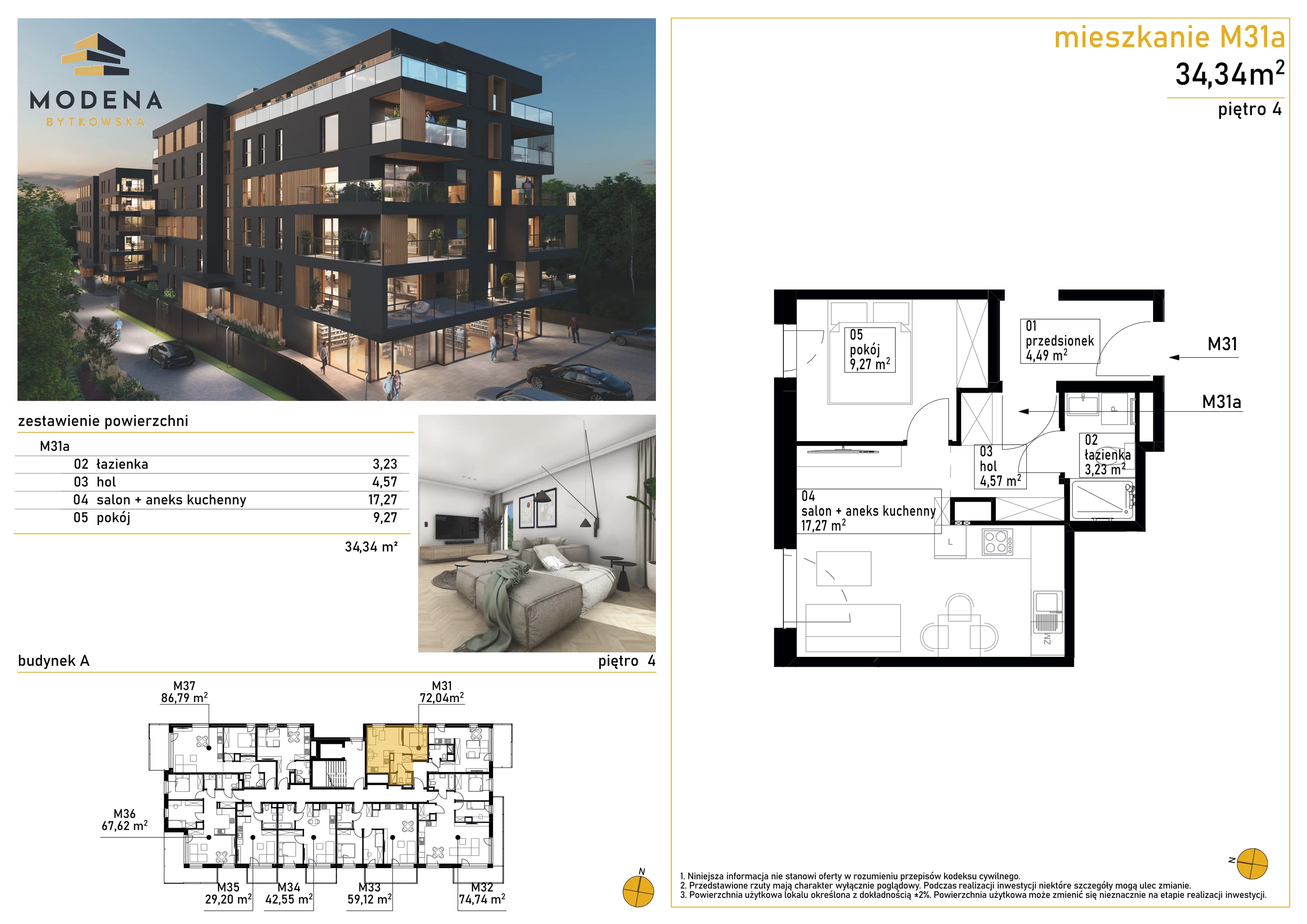 2 pokoje, mieszkanie 34,34 m², piętro 4, oferta nr A31a, Bytkowska 113, Katowice, Wełnowiec-Józefowiec, ul. Bytkowska 113