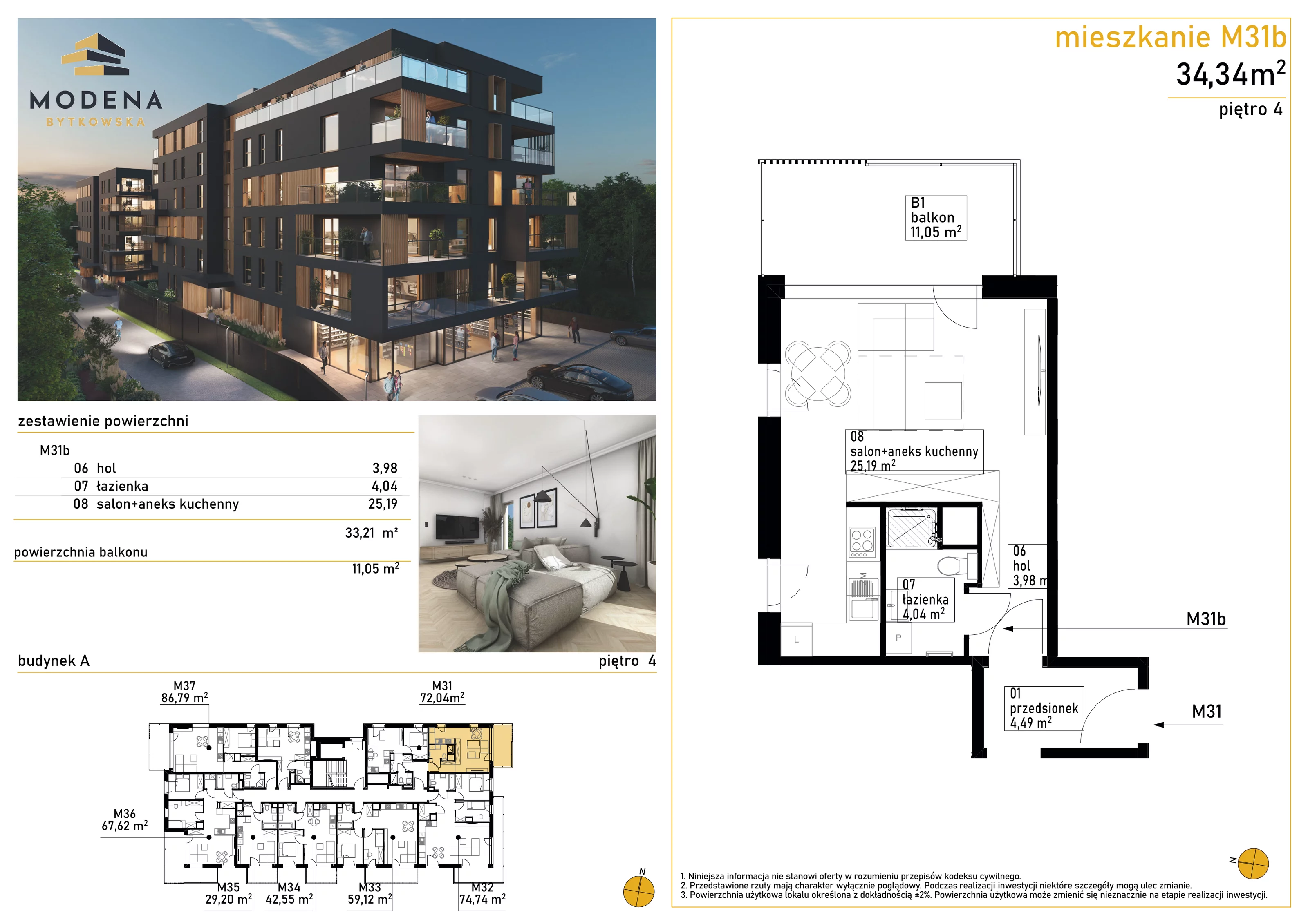 1 pokój, mieszkanie 34,34 m², piętro 4, oferta nr A31b, Bytkowska 113, Katowice, Wełnowiec-Józefowiec, ul. Bytkowska 113