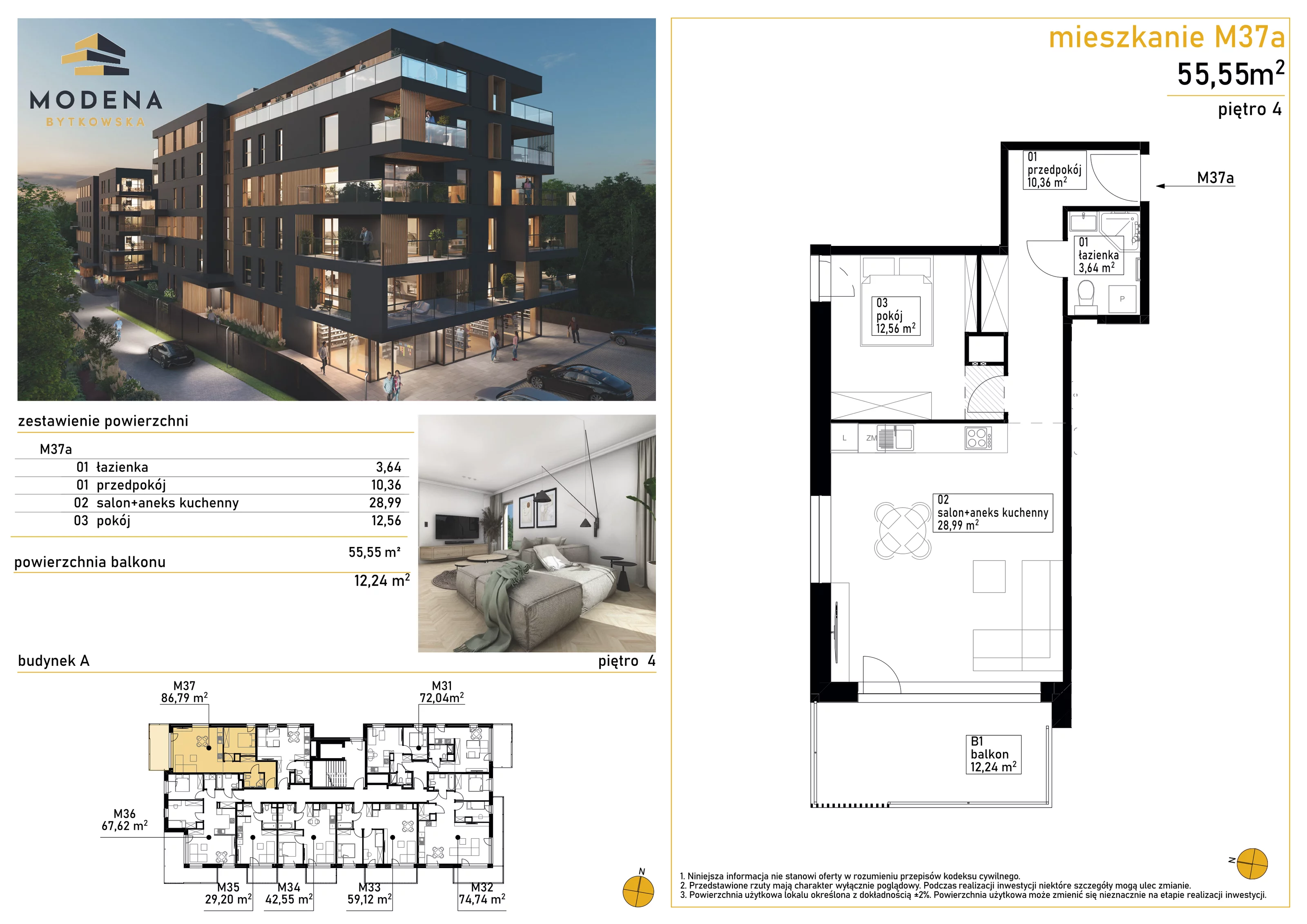 2 pokoje, mieszkanie 55,55 m², piętro 4, oferta nr A37a, Bytkowska 113, Katowice, Wełnowiec-Józefowiec, ul. Bytkowska 113
