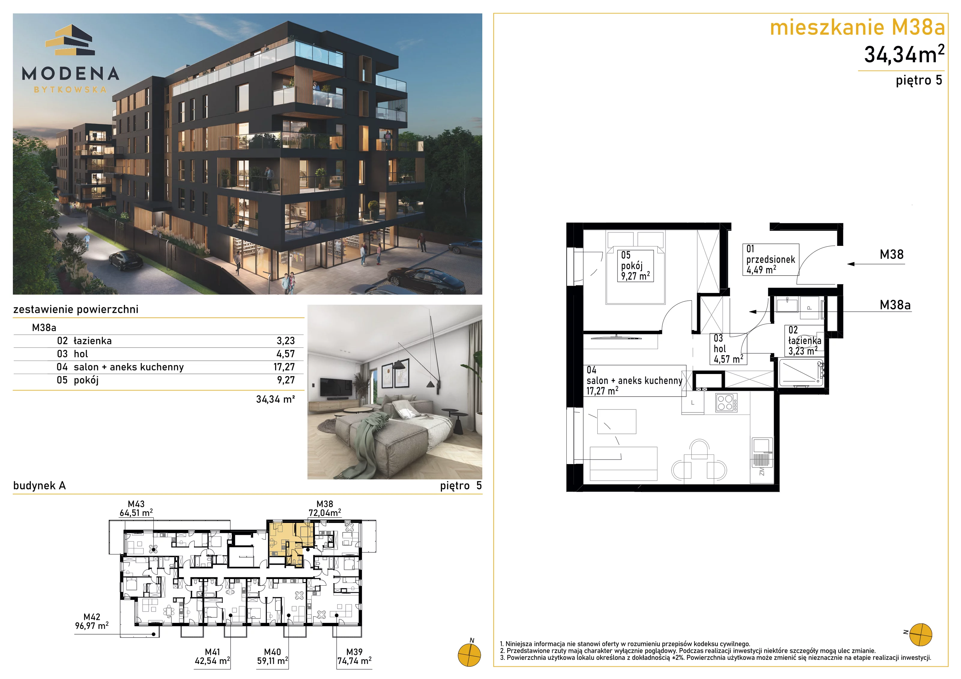 2 pokoje, mieszkanie 34,34 m², piętro 5, oferta nr A38a, Bytkowska 113, Katowice, Wełnowiec-Józefowiec, ul. Bytkowska 113