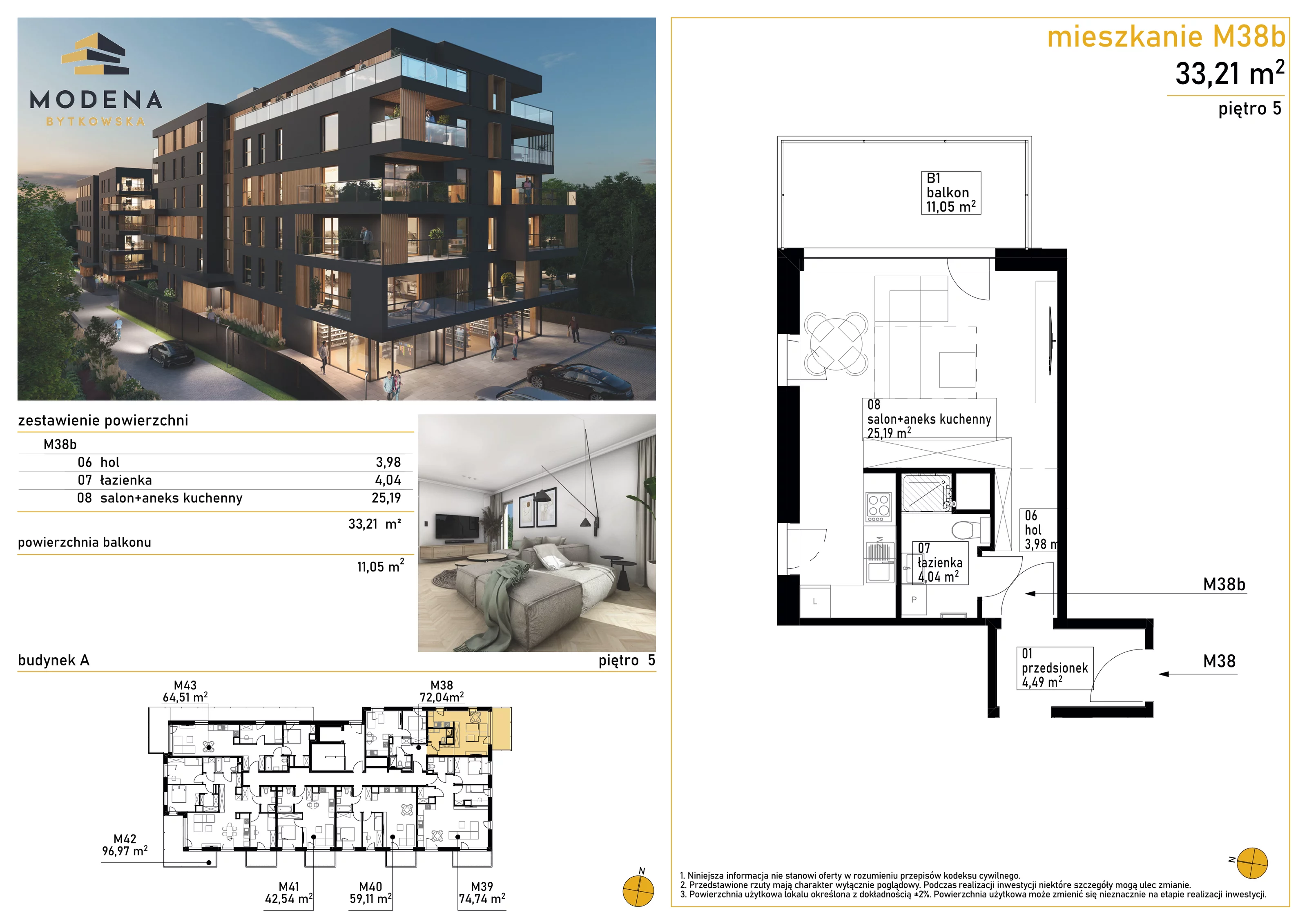 1 pokój, mieszkanie 33,21 m², piętro 5, oferta nr A38b, Bytkowska 113, Katowice, Wełnowiec-Józefowiec, ul. Bytkowska 113