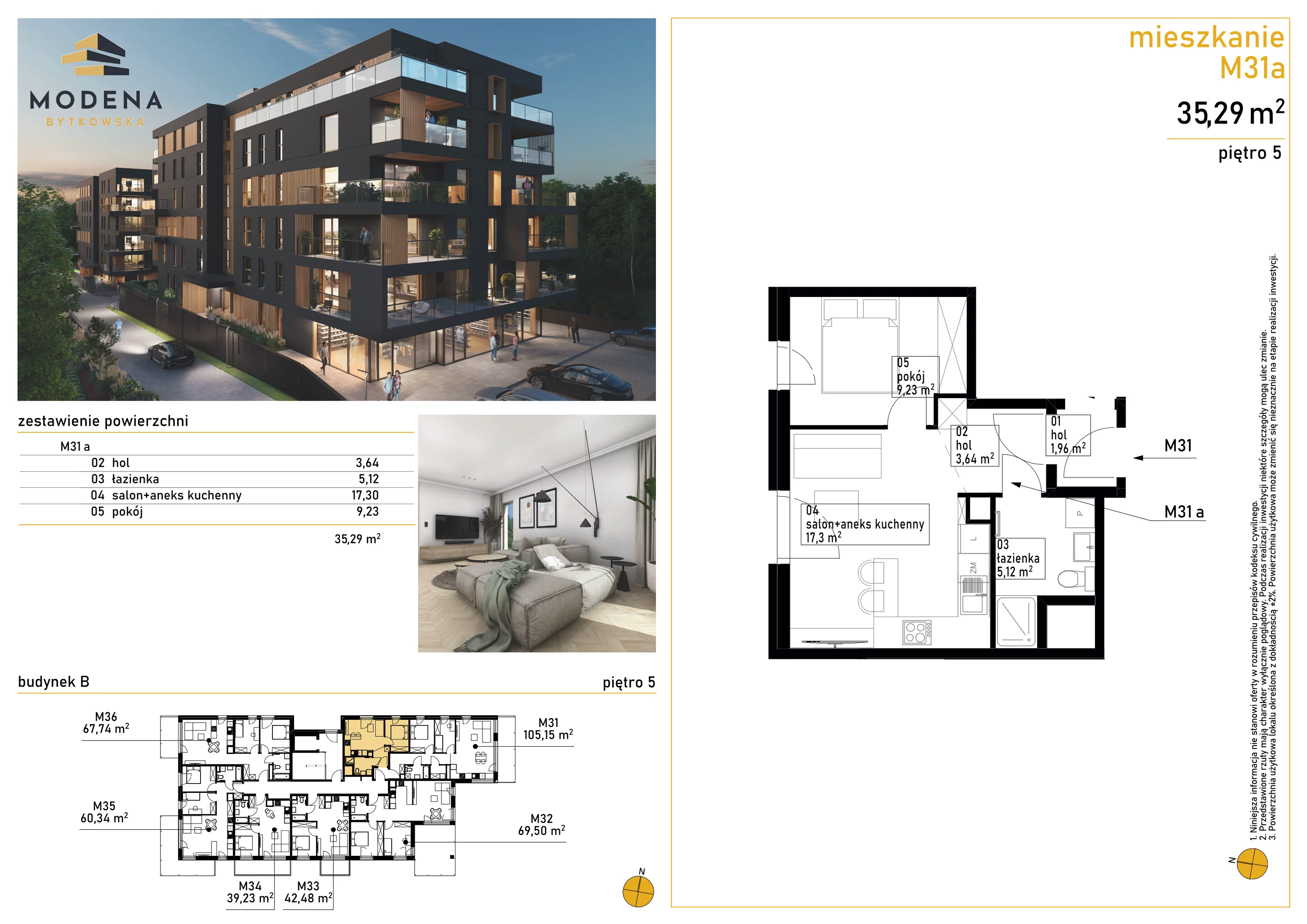 2 pokoje, mieszkanie 35,29 m², piętro 5, oferta nr B31a, Bytkowska 113, Katowice, Wełnowiec-Józefowiec, ul. Bytkowska 113