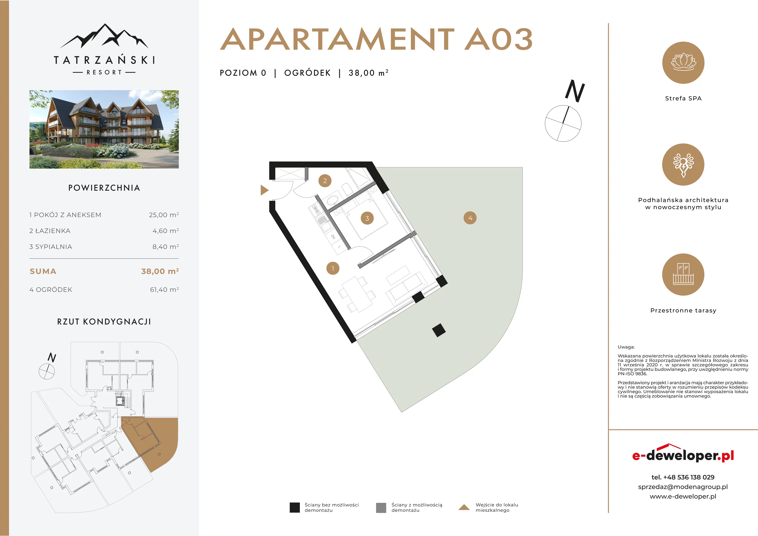 Apartament 38,00 m², parter, oferta nr A03, Tatrzański Resort, Białka Tatrzańska, ul. Środkowa 75