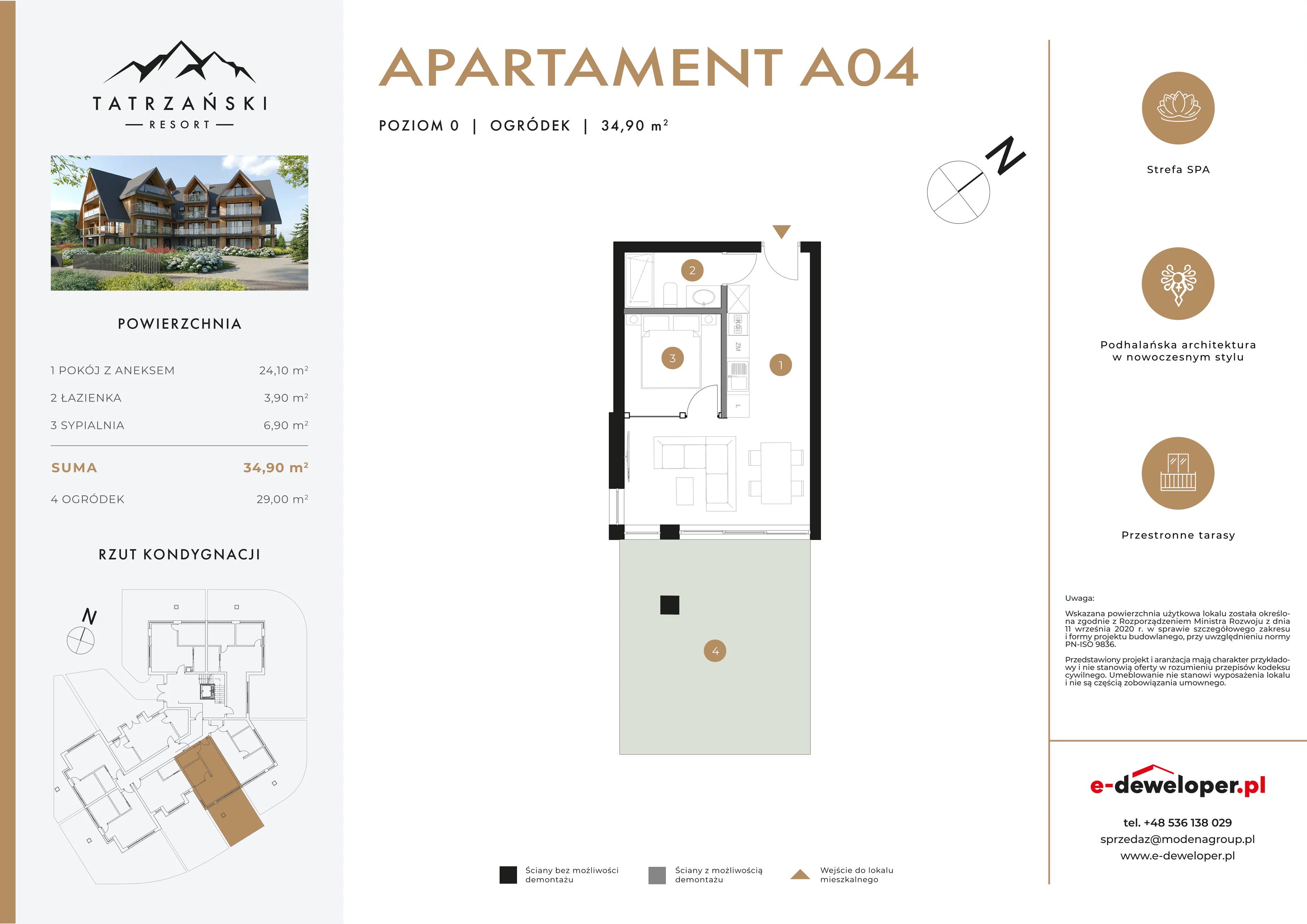 2 pokoje, apartament 34,90 m², parter, oferta nr A04, Tatrzański Resort, Białka Tatrzańska, ul. Środkowa 75