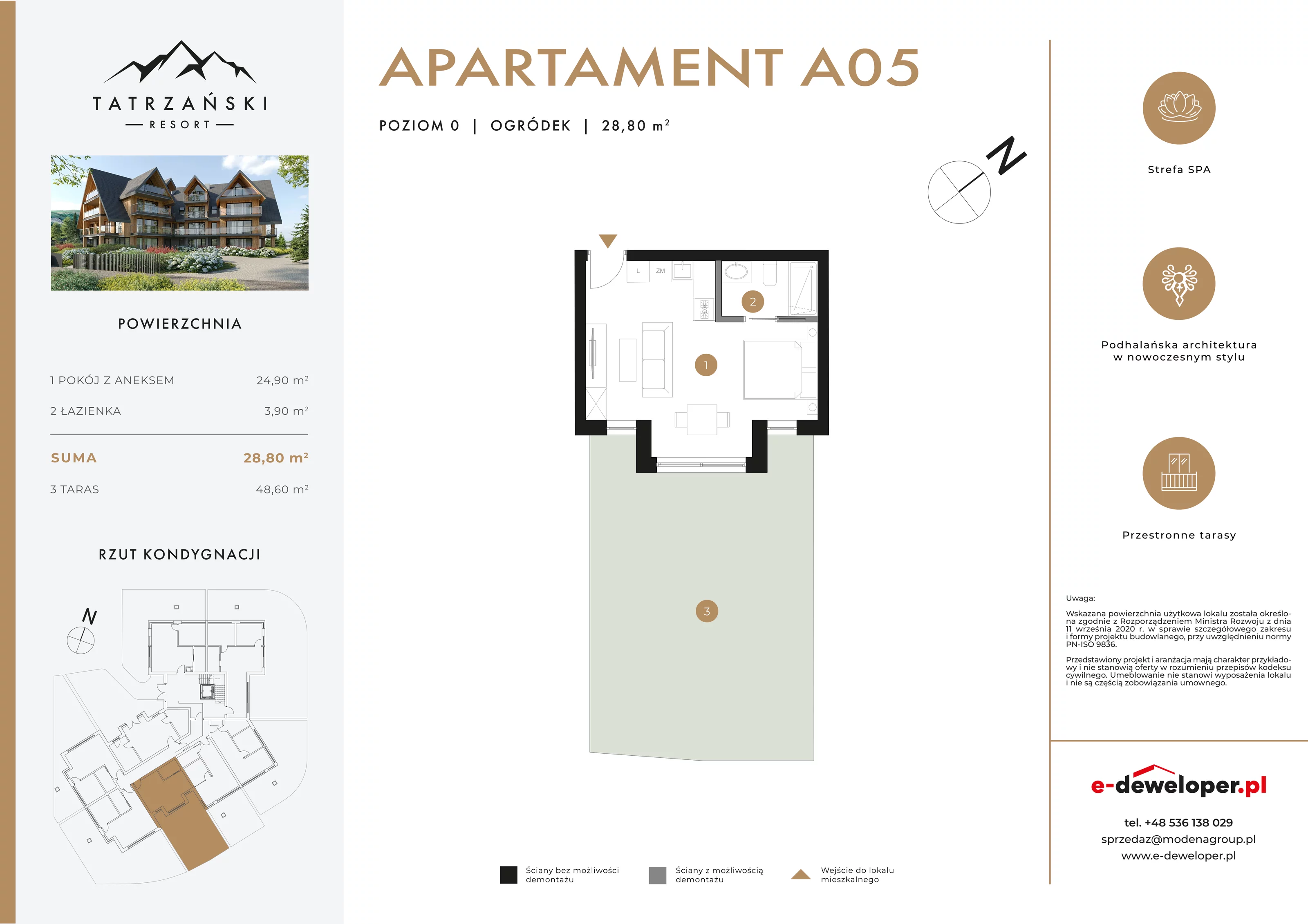 1 pokój, apartament 28,80 m², parter, oferta nr A05, Tatrzański Resort, Białka Tatrzańska, ul. Środkowa 75