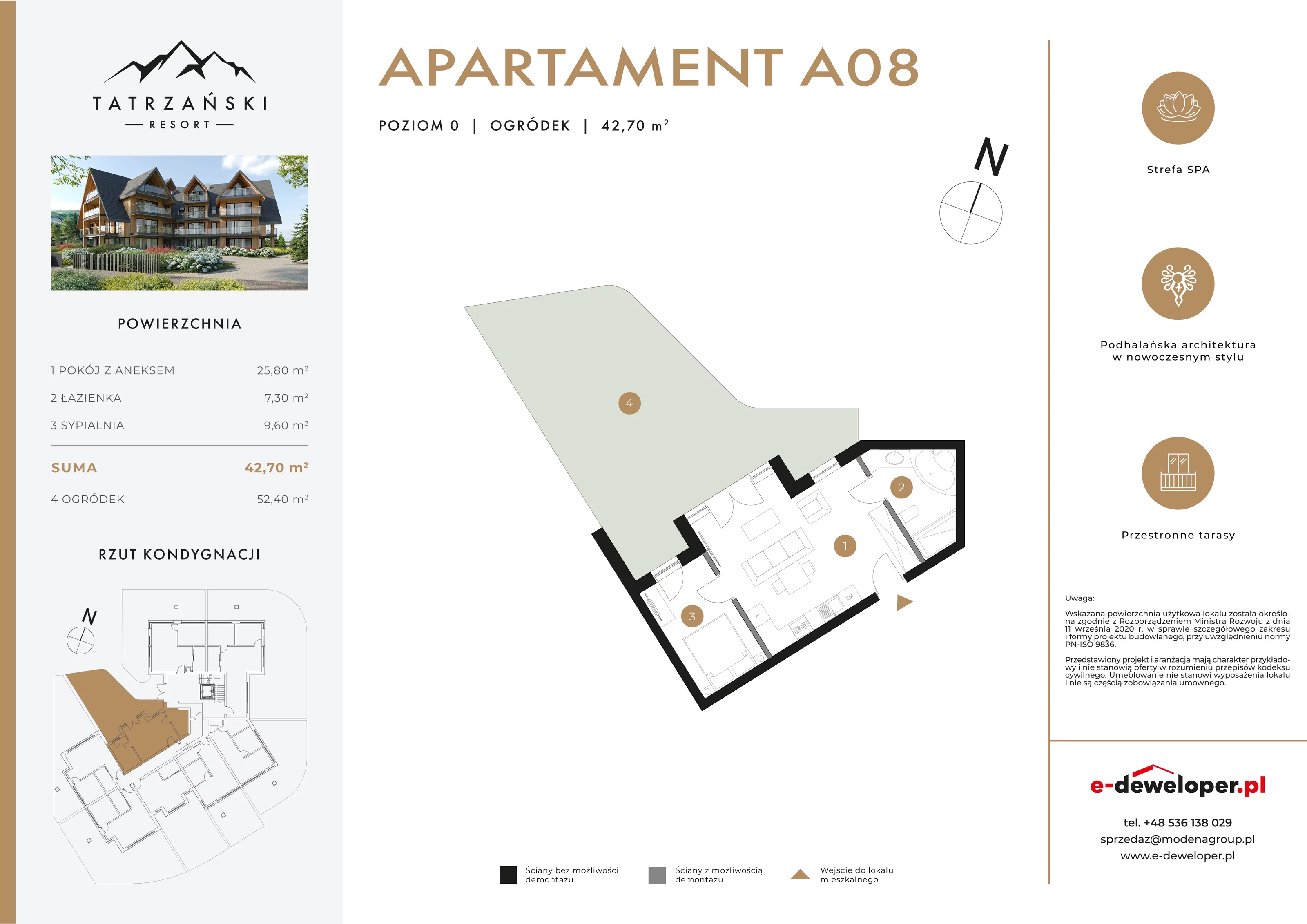 2 pokoje, apartament 42,70 m², parter, oferta nr A08, Tatrzański Resort, Białka Tatrzańska, ul. Środkowa 75