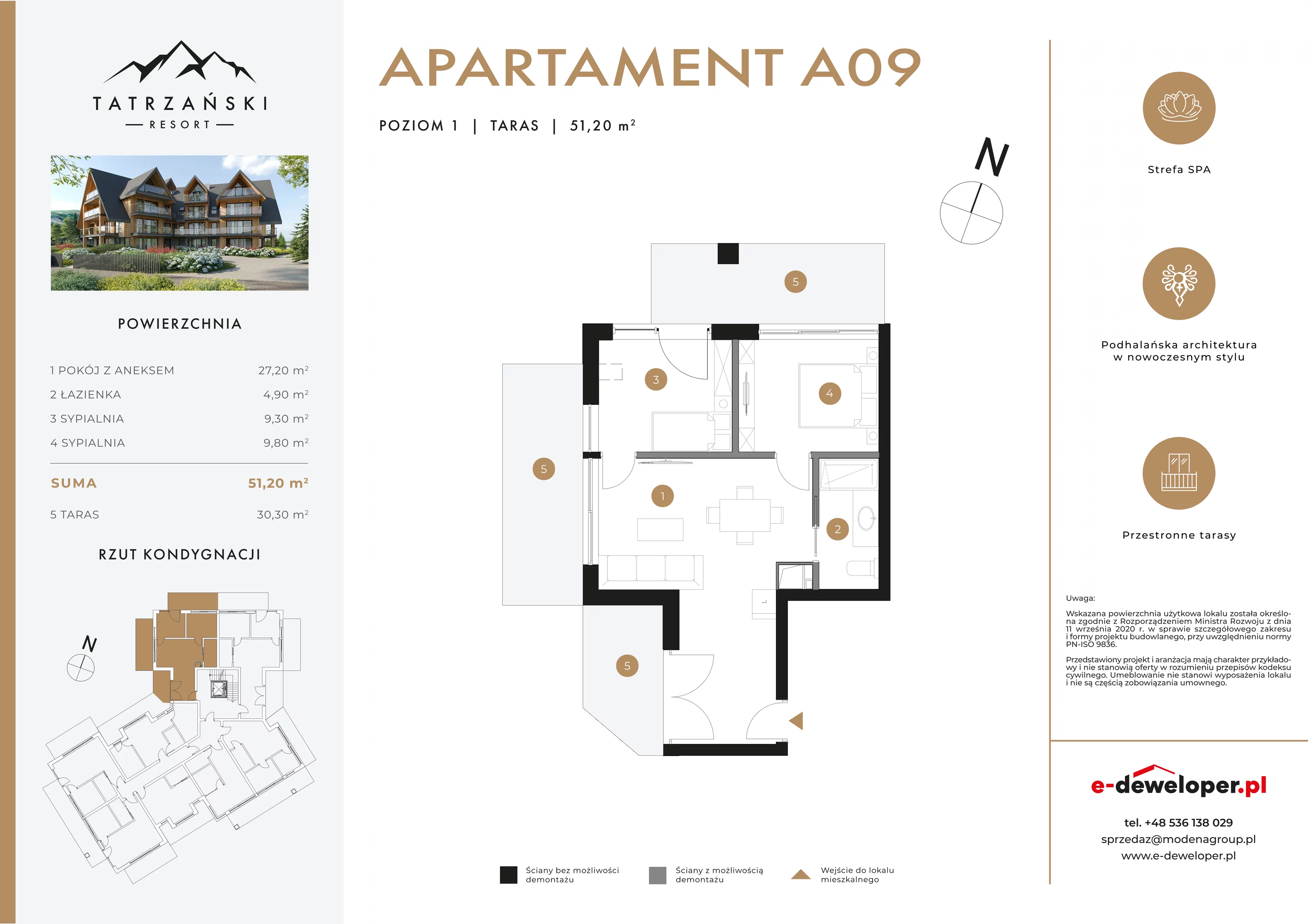 3 pokoje, apartament 51,20 m², piętro 1, oferta nr A09, Tatrzański Resort, Białka Tatrzańska, ul. Środkowa 75