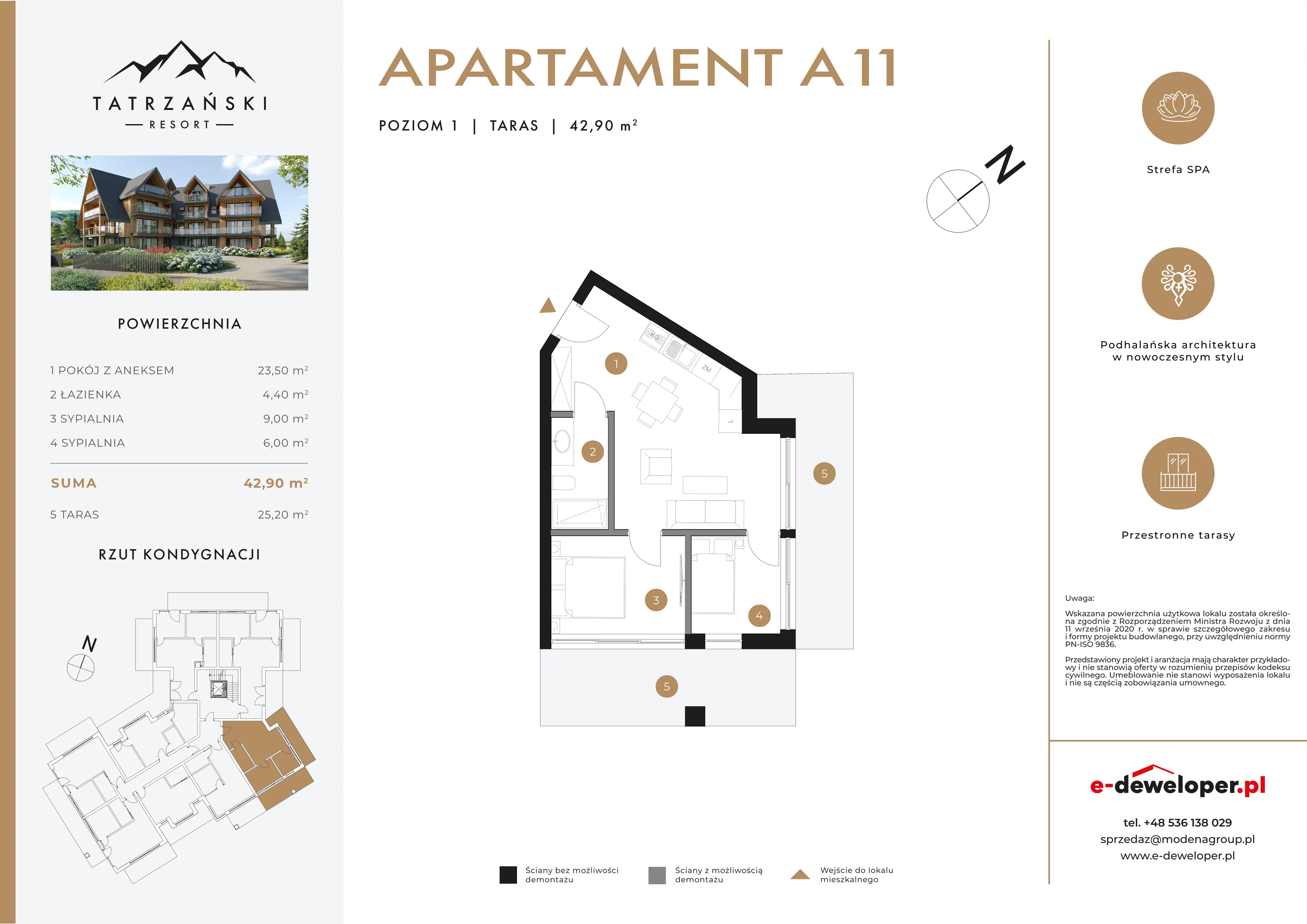 3 pokoje, lokal inwestycyjny 42,90 m², piętro 1, oferta nr A11, Tatrzański Resort, Białka Tatrzańska, ul. Środkowa 75