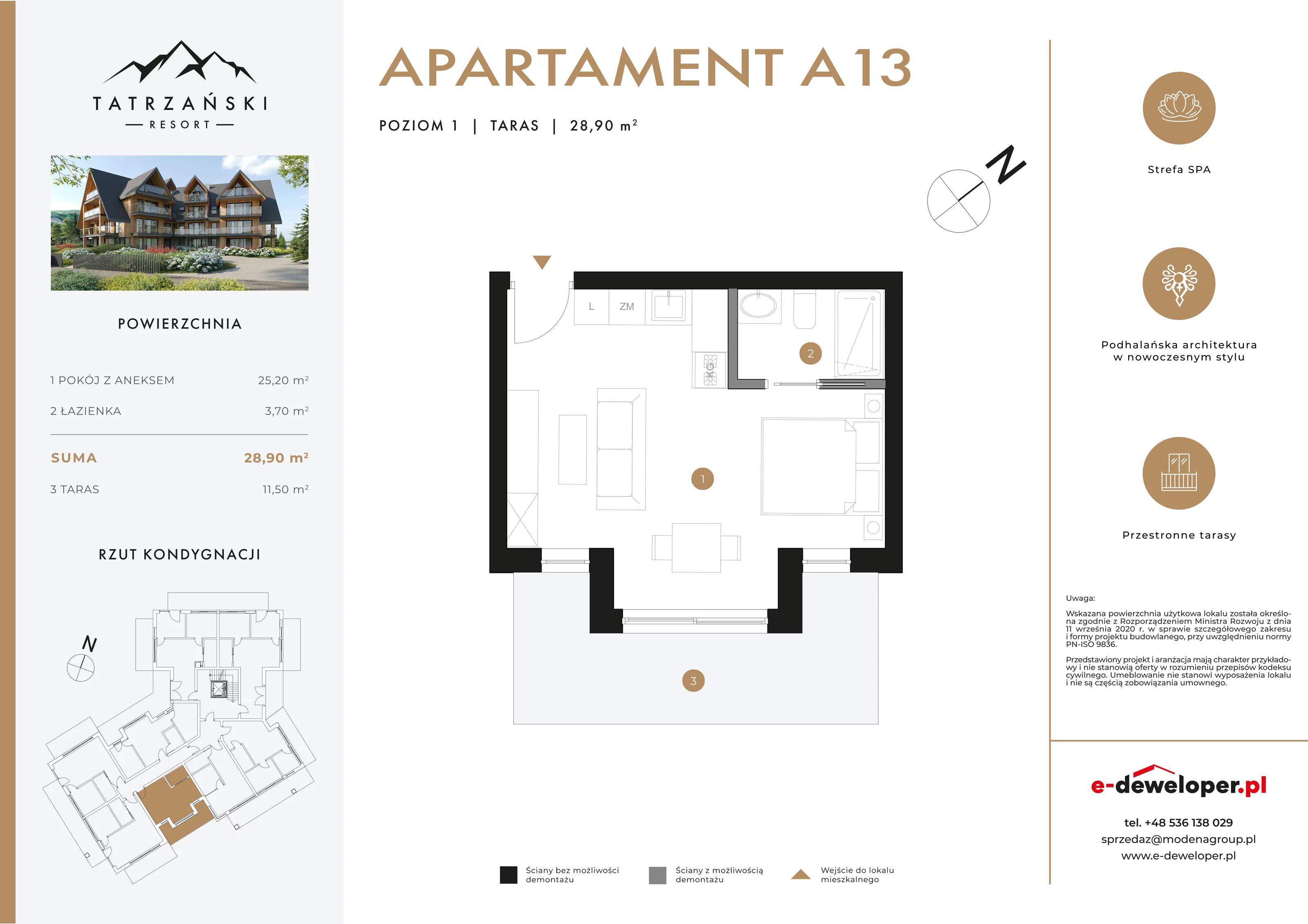 1 pokój, lokal inwestycyjny 28,90 m², piętro 1, oferta nr A13, Tatrzański Resort, Białka Tatrzańska, ul. Środkowa 75
