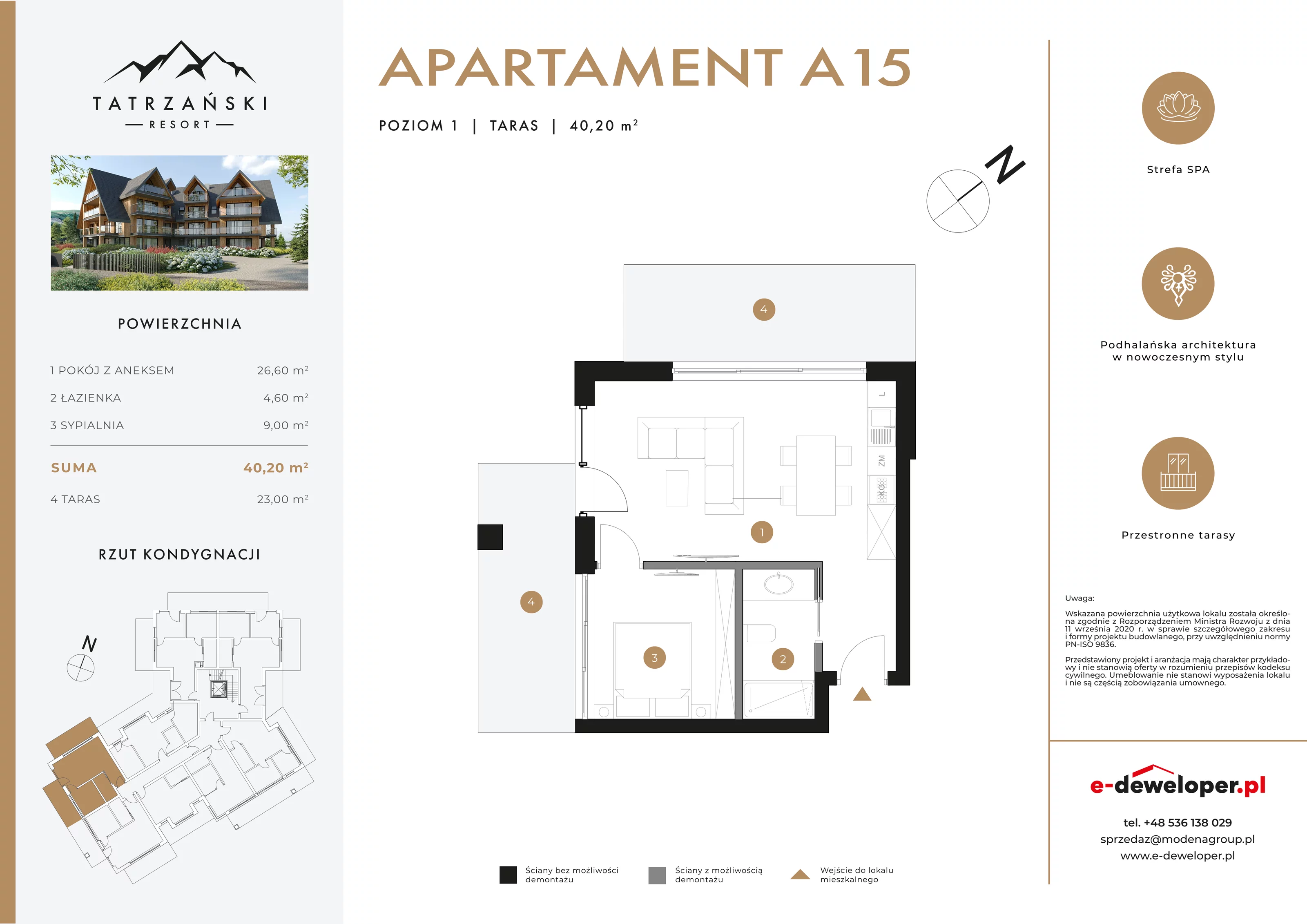2 pokoje, lokal inwestycyjny 40,20 m², piętro 1, oferta nr A15, Tatrzański Resort, Białka Tatrzańska, ul. Środkowa 75