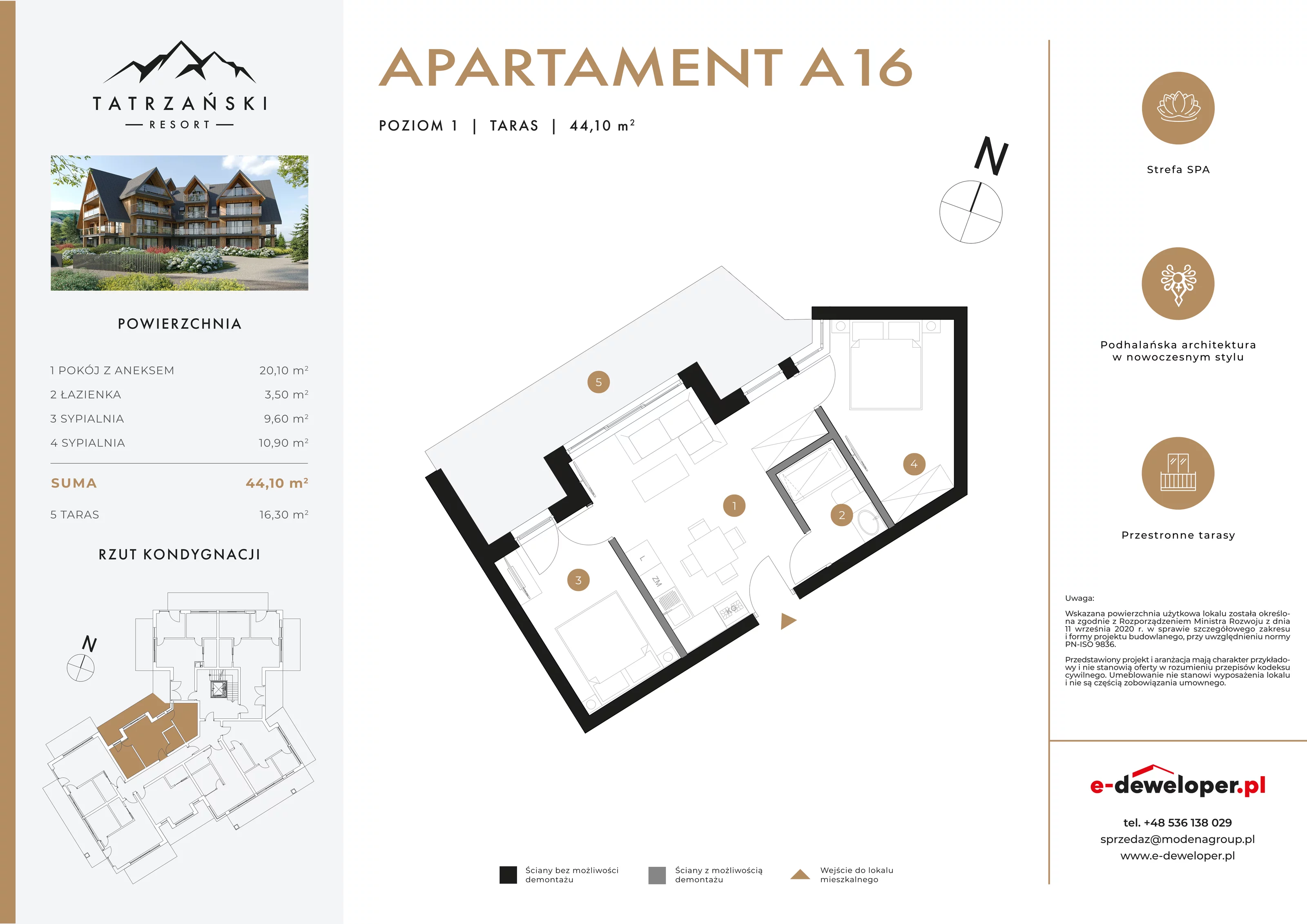 3 pokoje, apartament 44,10 m², piętro 1, oferta nr A16, Tatrzański Resort, Białka Tatrzańska, ul. Środkowa 75