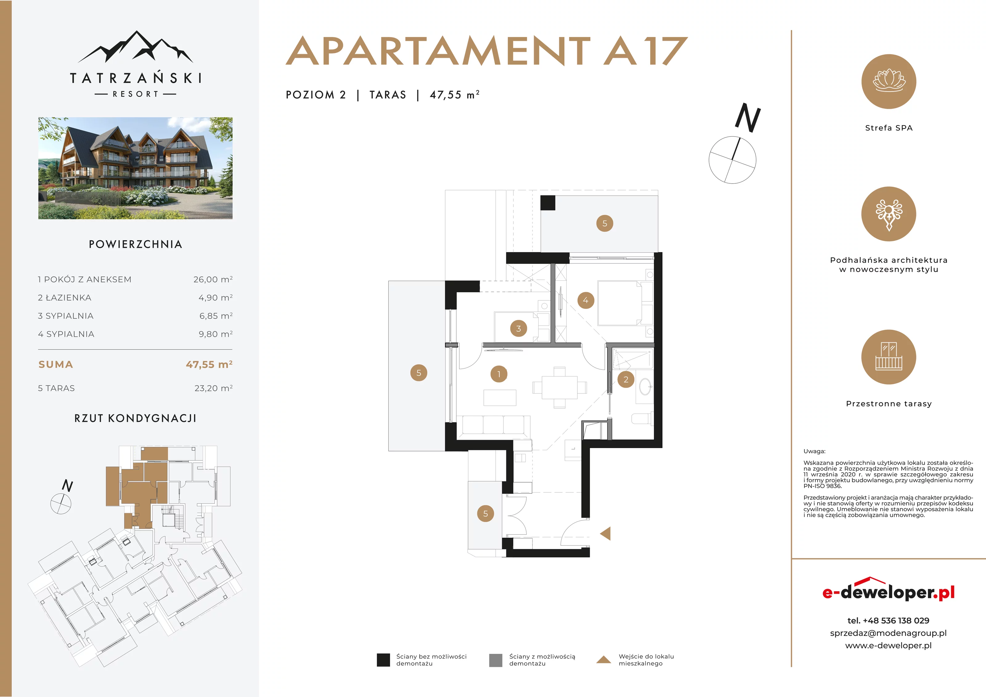 3 pokoje, apartament 47,55 m², piętro 2, oferta nr A17, Tatrzański Resort, Białka Tatrzańska, ul. Środkowa 75