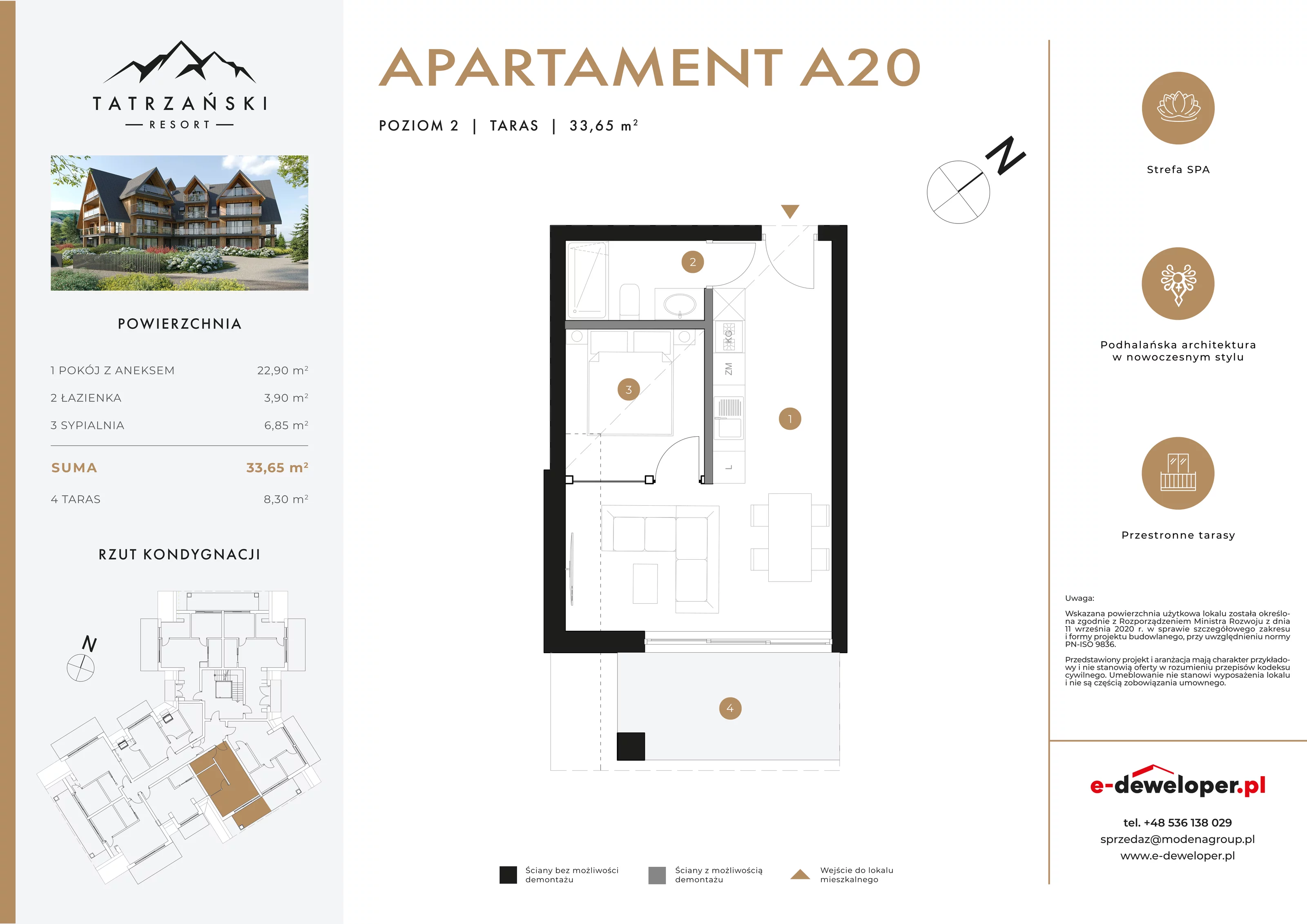 2 pokoje, lokal inwestycyjny 33,65 m², piętro 2, oferta nr A20, Tatrzański Resort, Białka Tatrzańska, ul. Środkowa 75