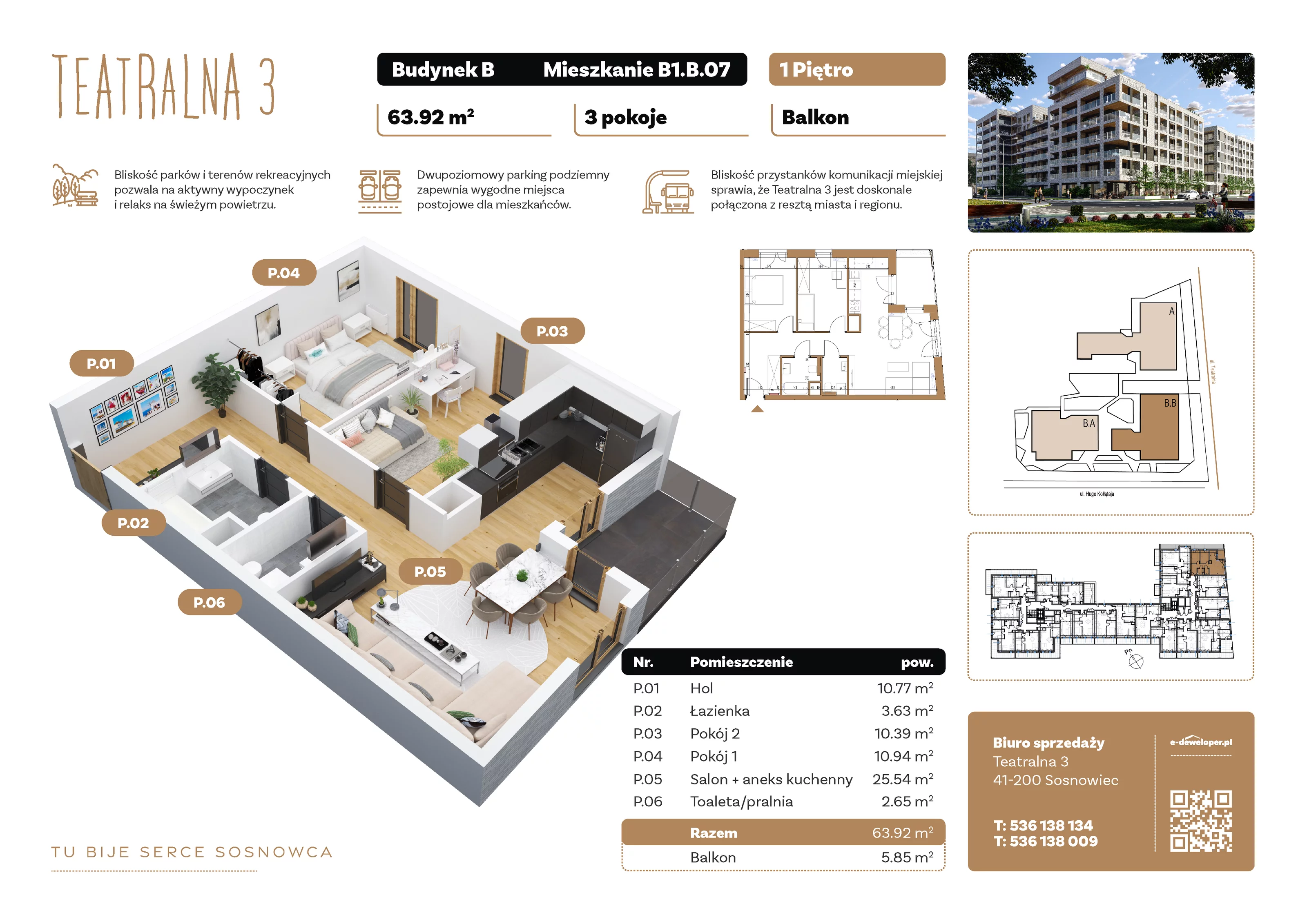 Mieszkanie 63,92 m², piętro 1, oferta nr B1.B.07, Teatralna 3, Sosnowiec, Śródmieście, ul. Teatralna 3