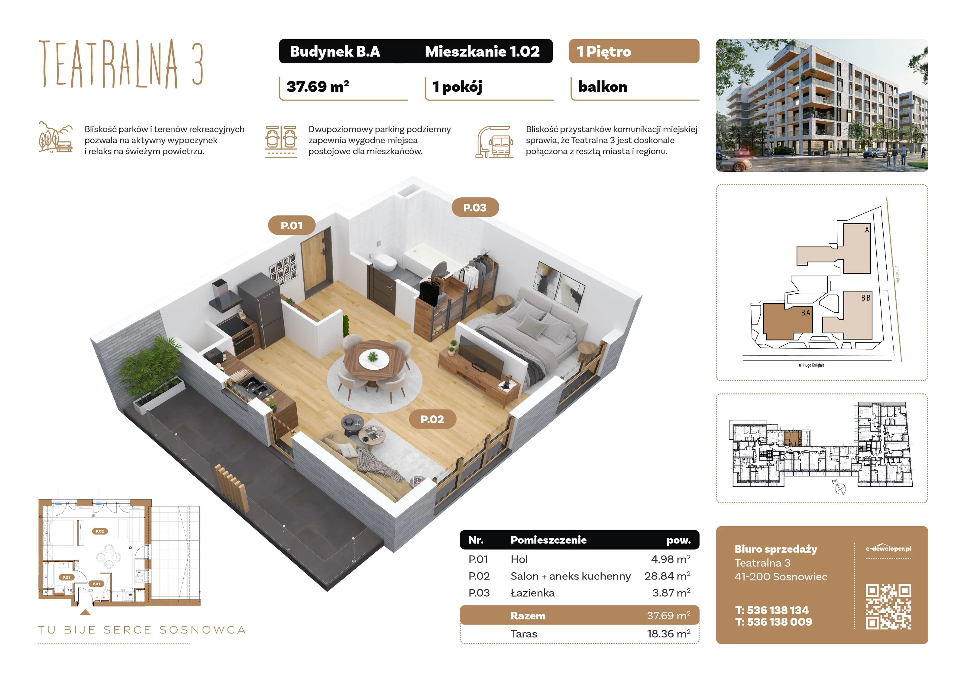 1 pokój, apartament 37,69 m², piętro 1, oferta nr B1.A.02, Teatralna 3, Sosnowiec, Śródmieście, ul. Teatralna 3