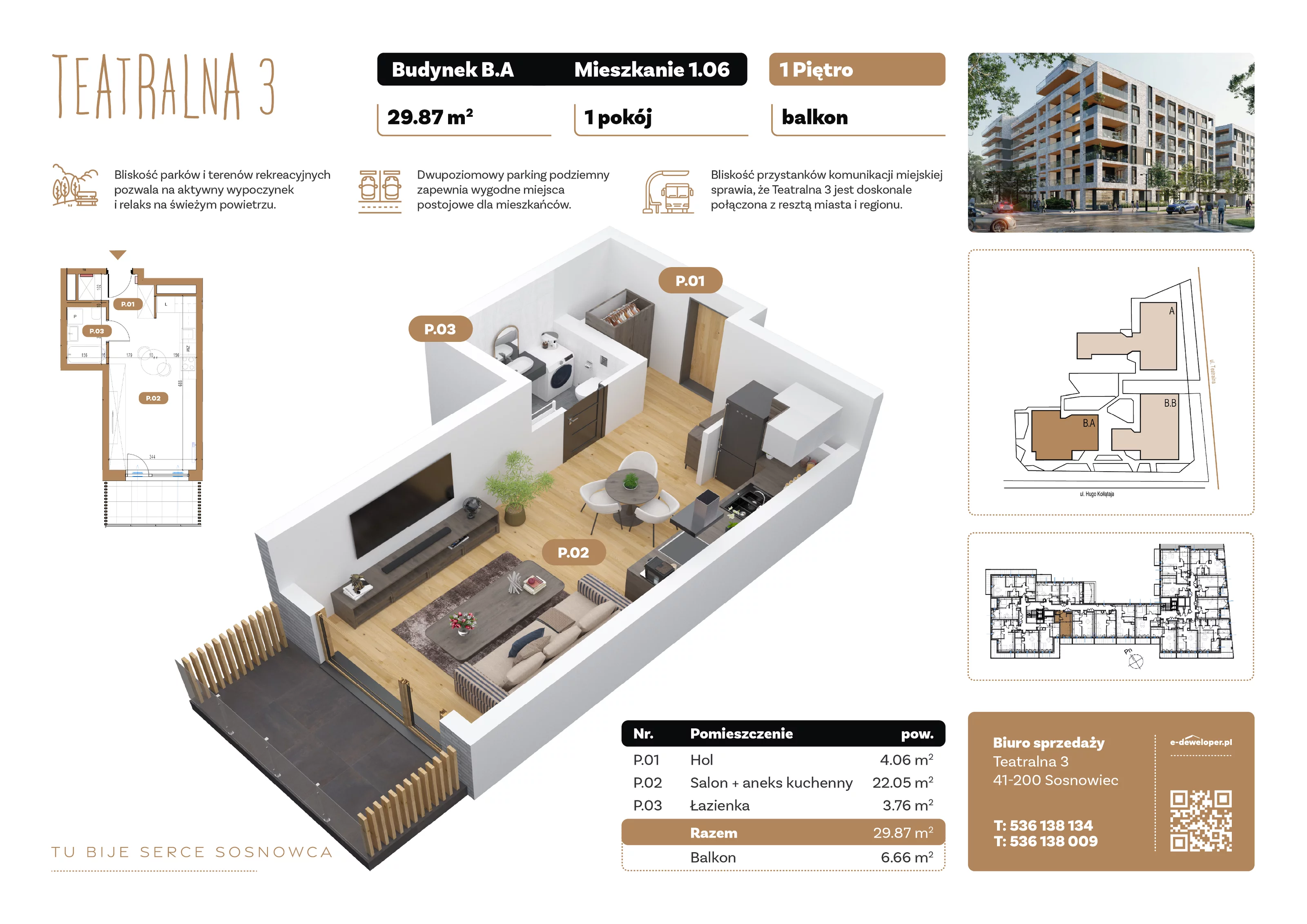 1 pokój, apartament 29,87 m², piętro 1, oferta nr B1.A.06, Teatralna 3, Sosnowiec, Śródmieście, ul. Teatralna 3