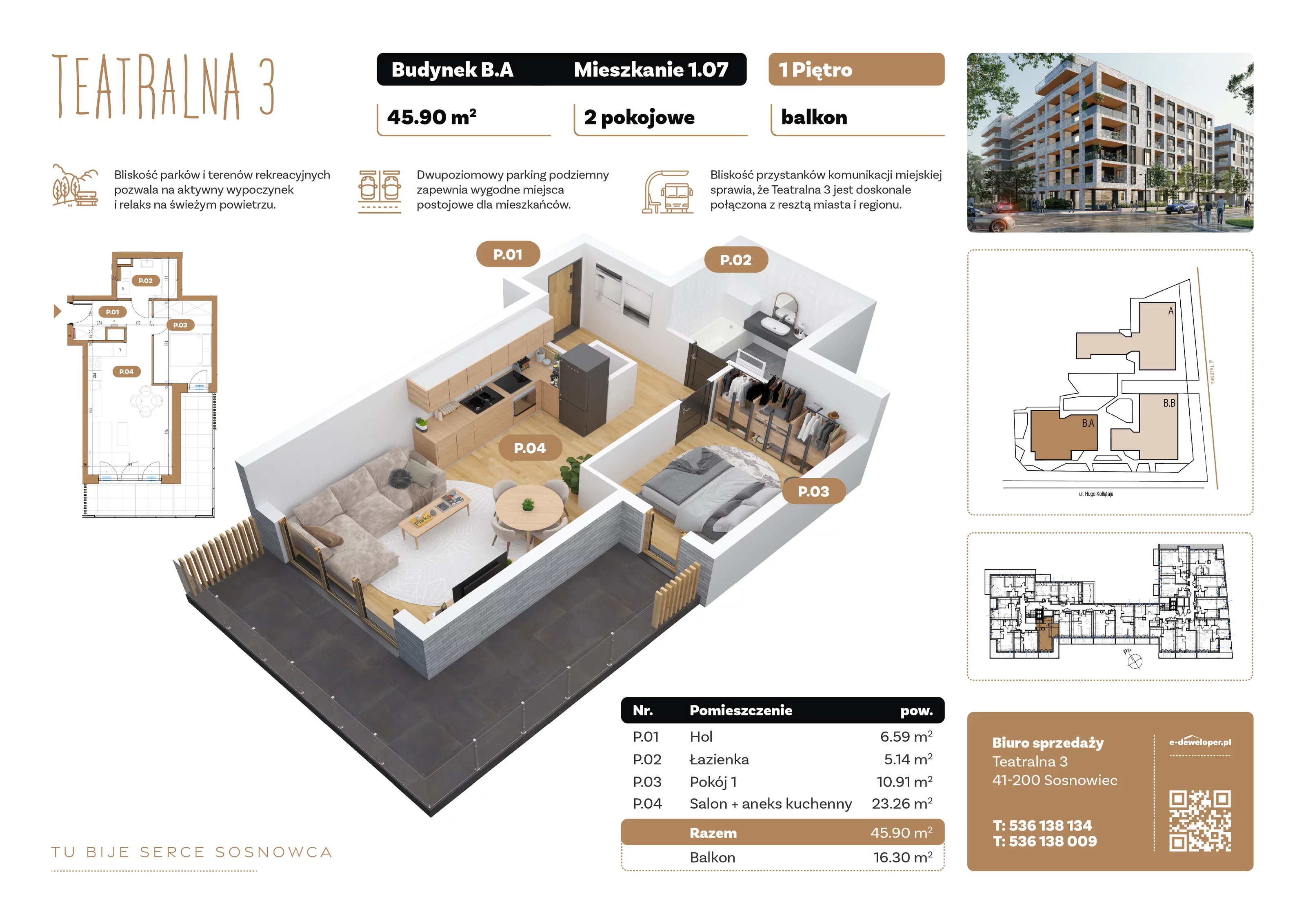 2 pokoje, apartament 45,90 m², piętro 1, oferta nr B1.A.07, Teatralna 3, Sosnowiec, Śródmieście, ul. Teatralna 3