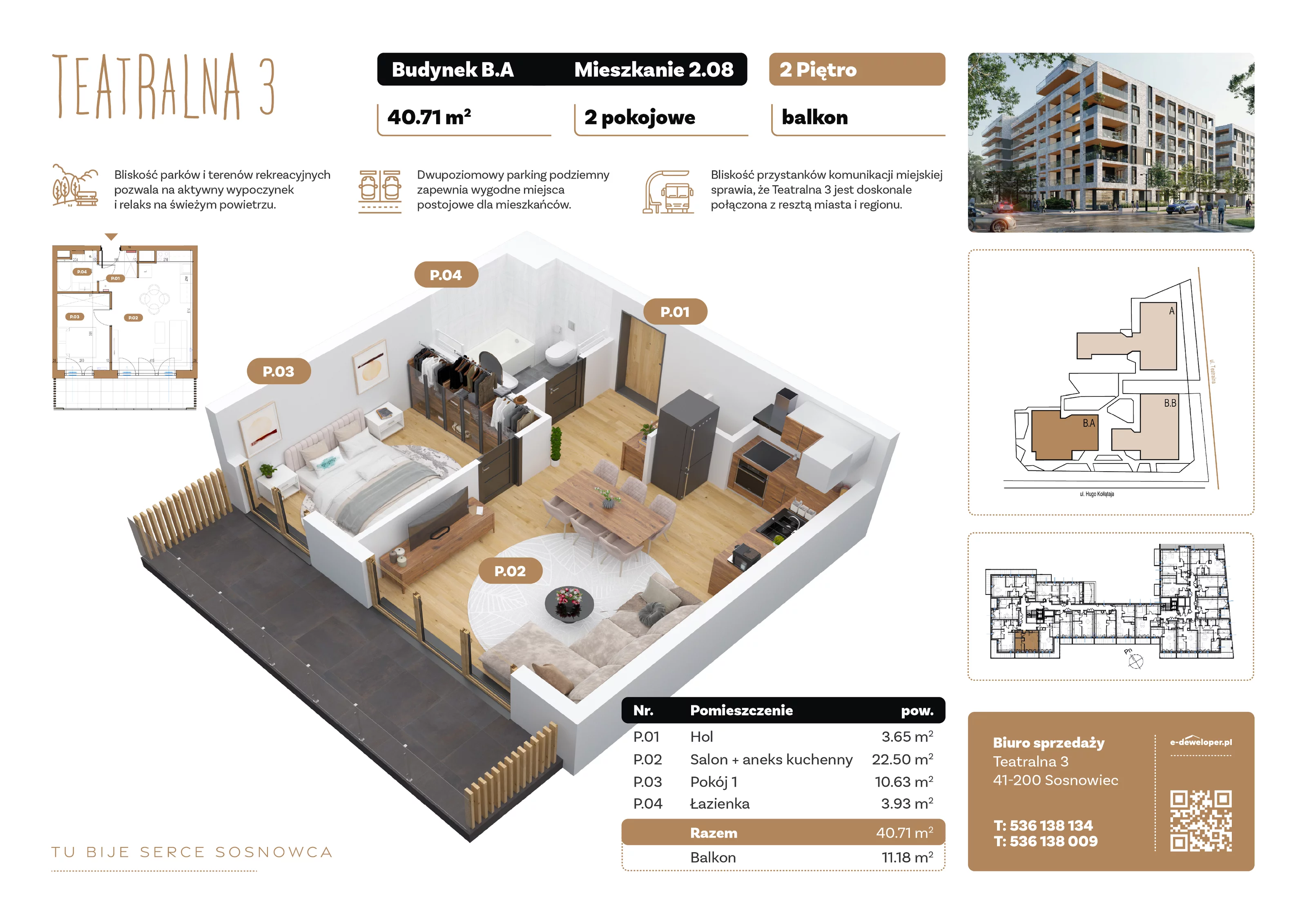 2 pokoje, apartament 40,71 m², piętro 2, oferta nr B2.A.08, Teatralna 3, Sosnowiec, Śródmieście, ul. Teatralna 3