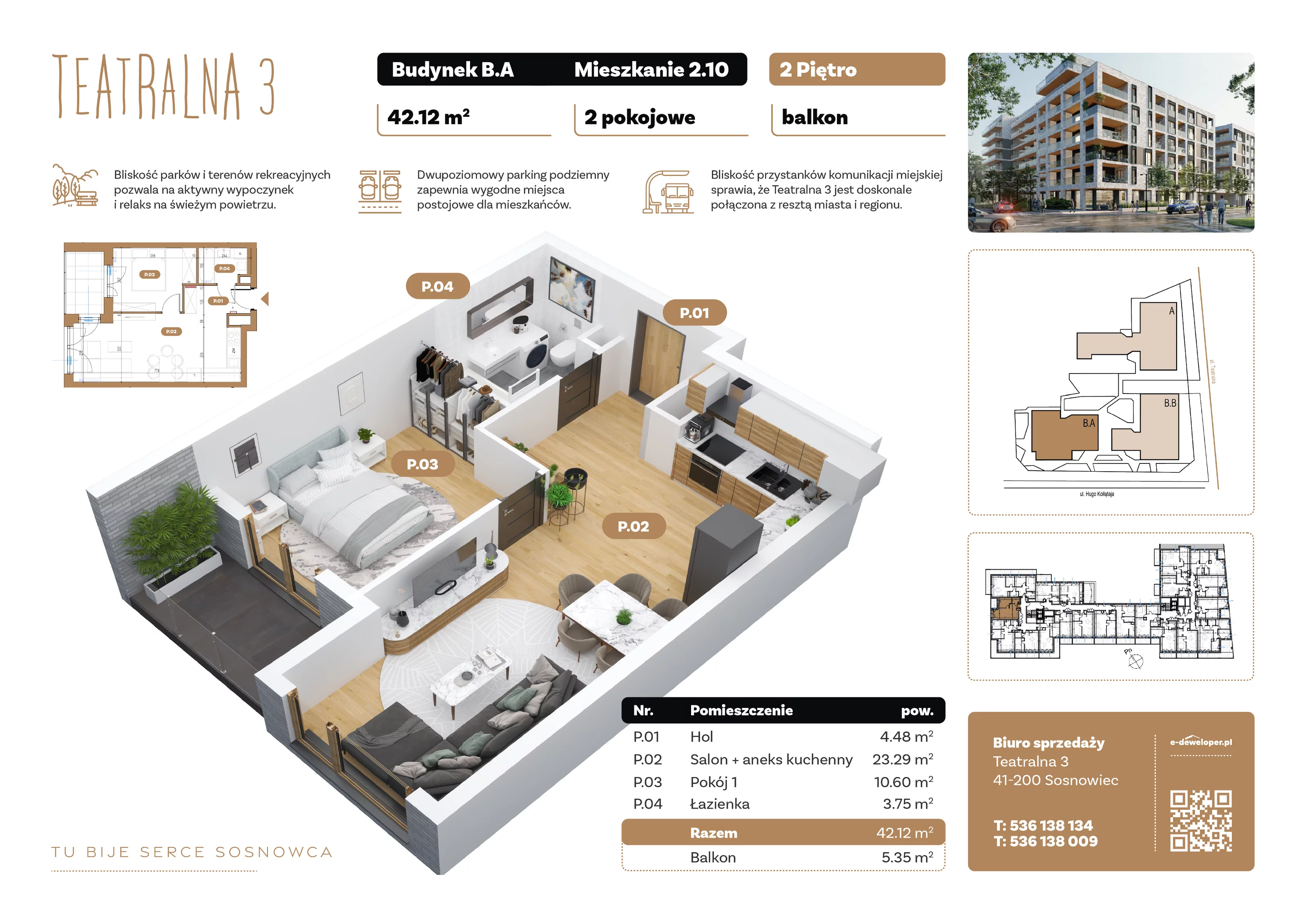 2 pokoje, apartament 42,12 m², piętro 2, oferta nr B2.A.10, Teatralna 3, Sosnowiec, Śródmieście, ul. Teatralna 3