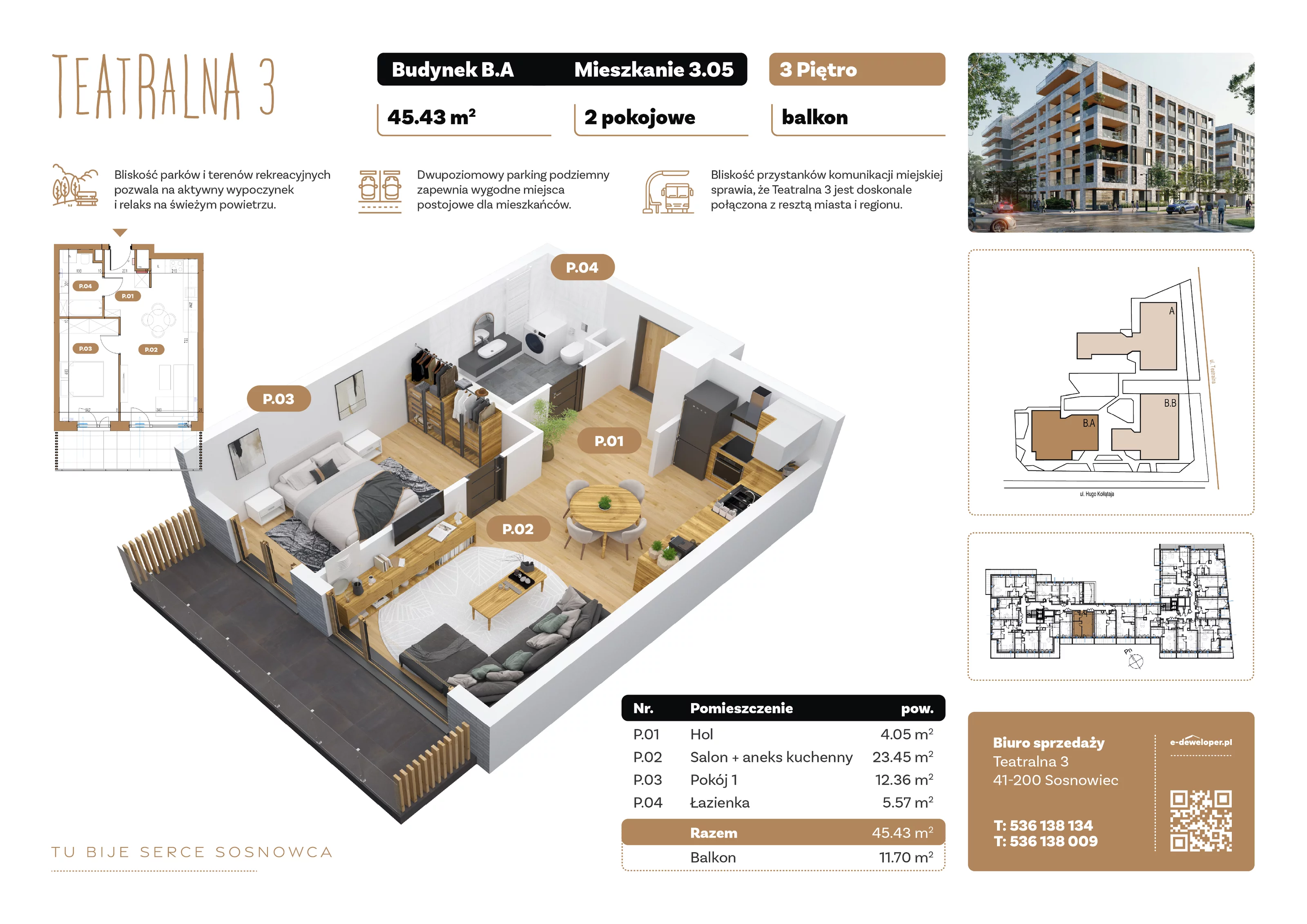 2 pokoje, apartament 45,43 m², piętro 3, oferta nr B3.A.05, Teatralna 3, Sosnowiec, Śródmieście, ul. Teatralna 3