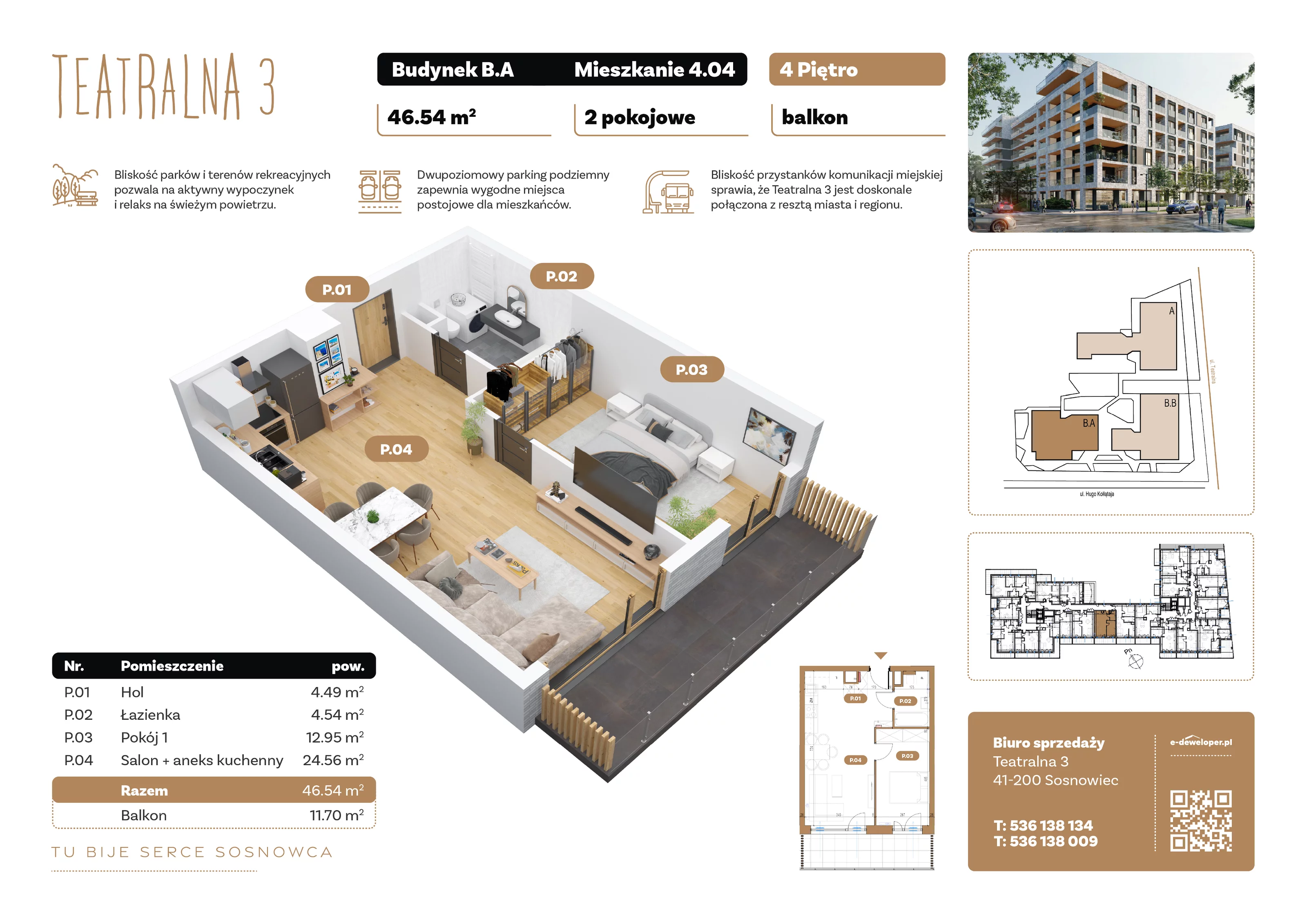 2 pokoje, apartament 46,54 m², piętro 4, oferta nr B4.A.04, Teatralna 3, Sosnowiec, Śródmieście, ul. Teatralna 3