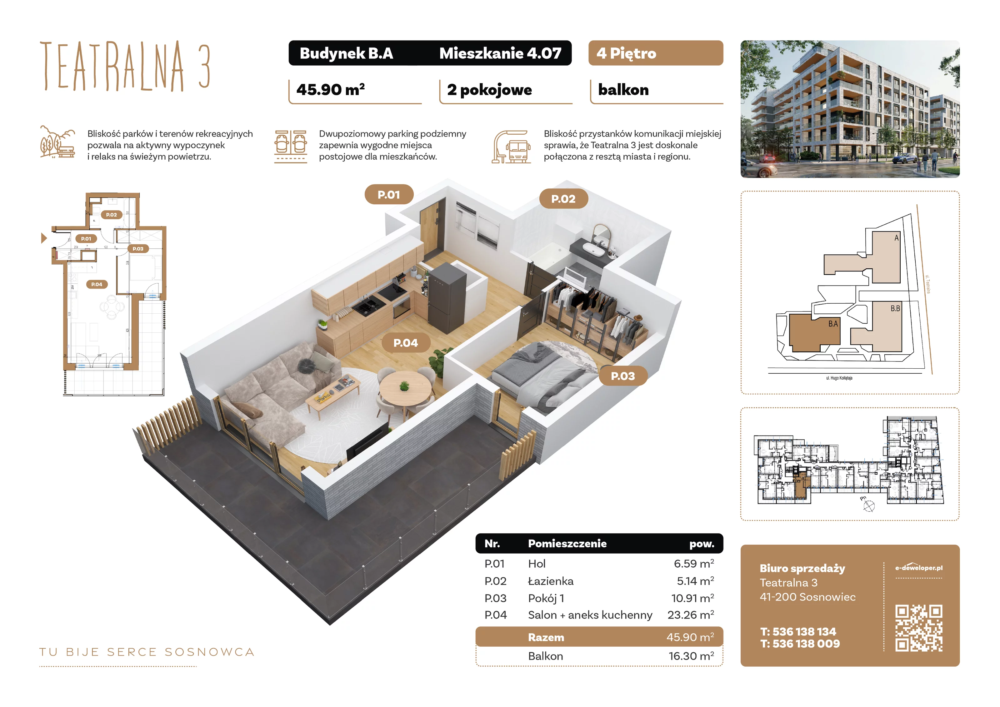2 pokoje, apartament 45,90 m², piętro 4, oferta nr B4.A.07, Teatralna 3, Sosnowiec, Śródmieście, ul. Teatralna 3